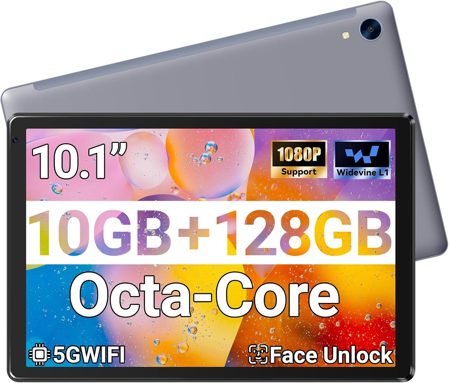 Tablet 10.1 Android Tablet, Octa-Core Processor, 10GB RAM+128GB ROM 1TB Expandable, Widevine L1 1280x800 IPS HD Touchscreen, 5MP+8MP Dual Camera Face Unlock, 5000mAh Battery WiFi 6 BT5.3,Gray
