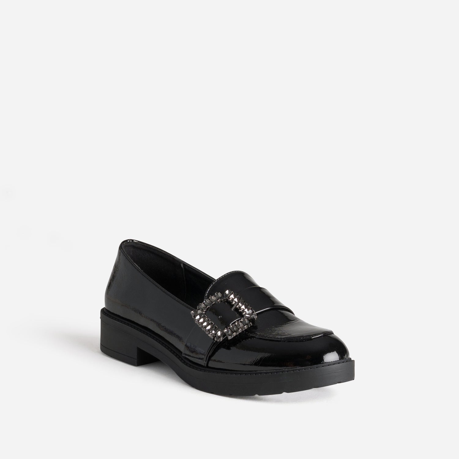 Mocassin noir verni boucle strass