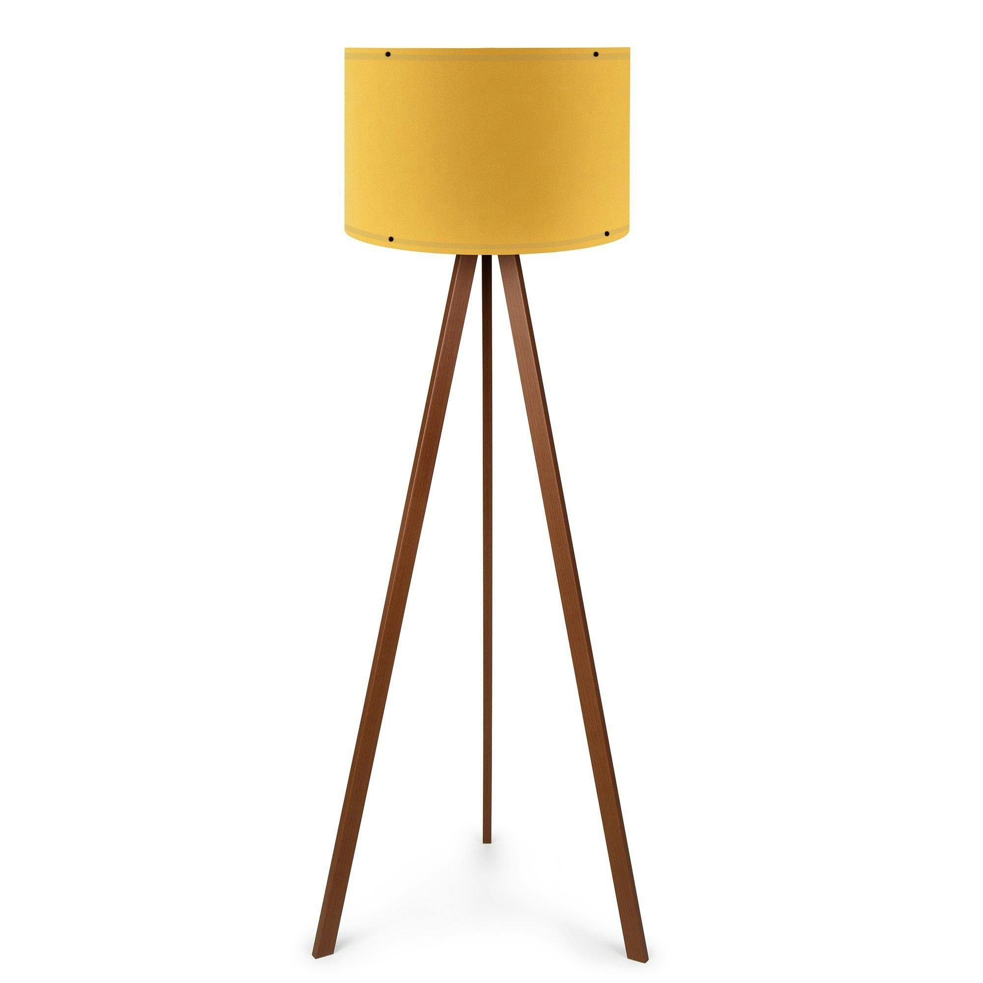 Lampadaire trépied effet bois noyer, abat-jour jaune KILIS
