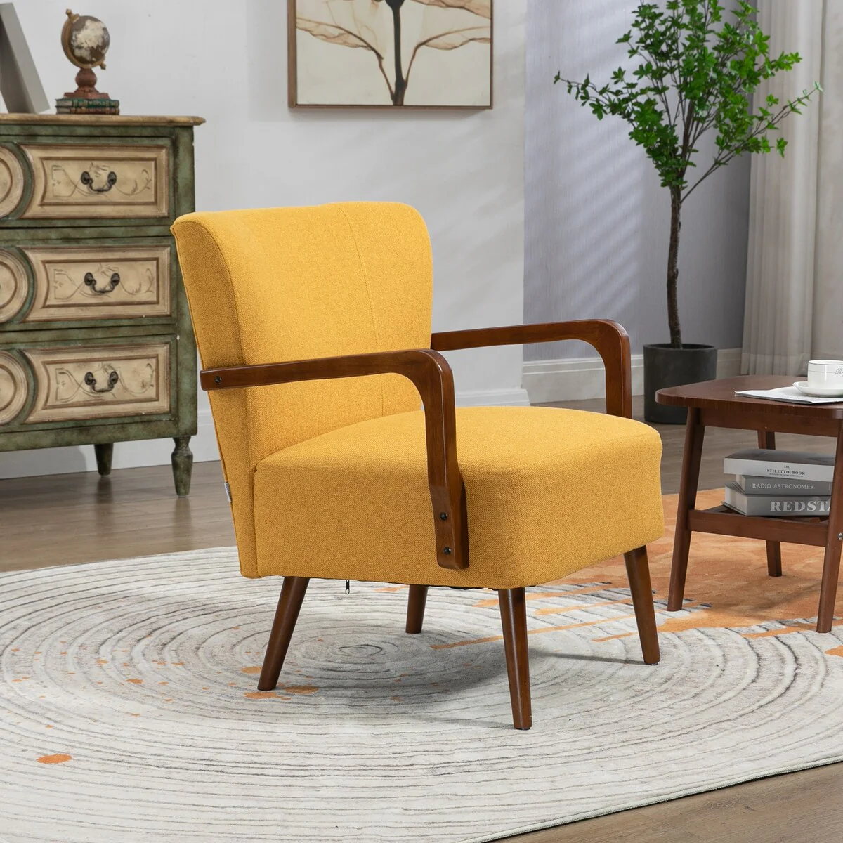 Modern chairs in the living room, wooden frame armchairs
