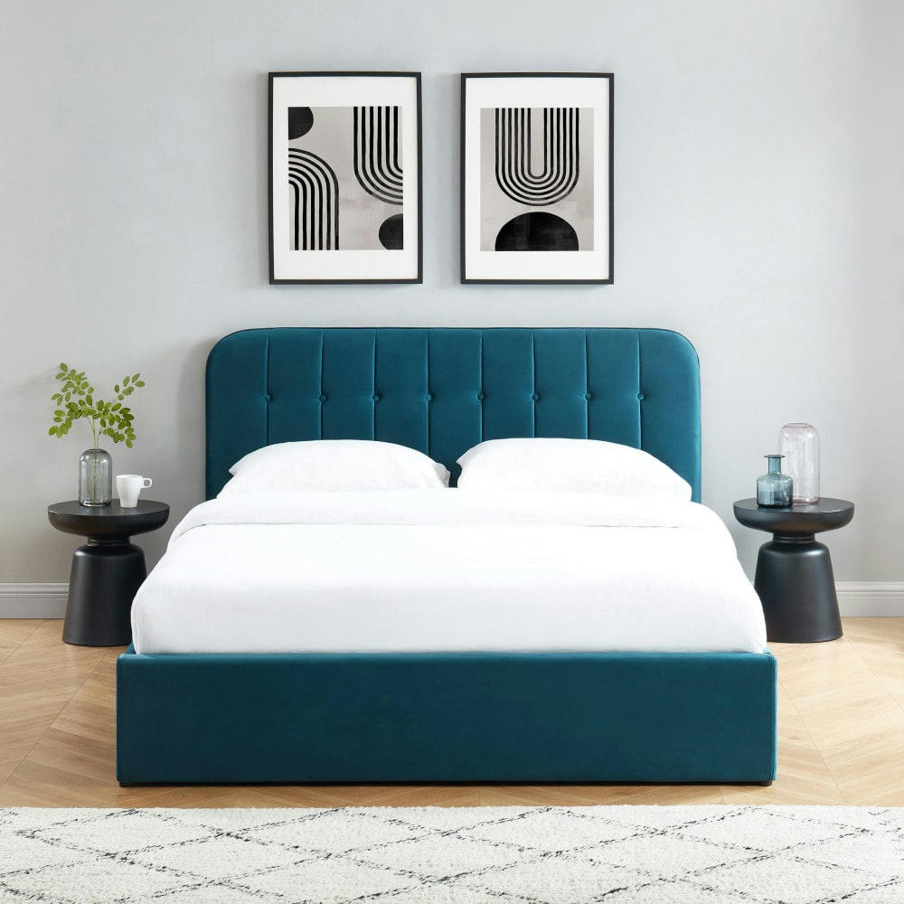 TORGO - Lit coffre matelassé en velours 160x200cm bleu paon