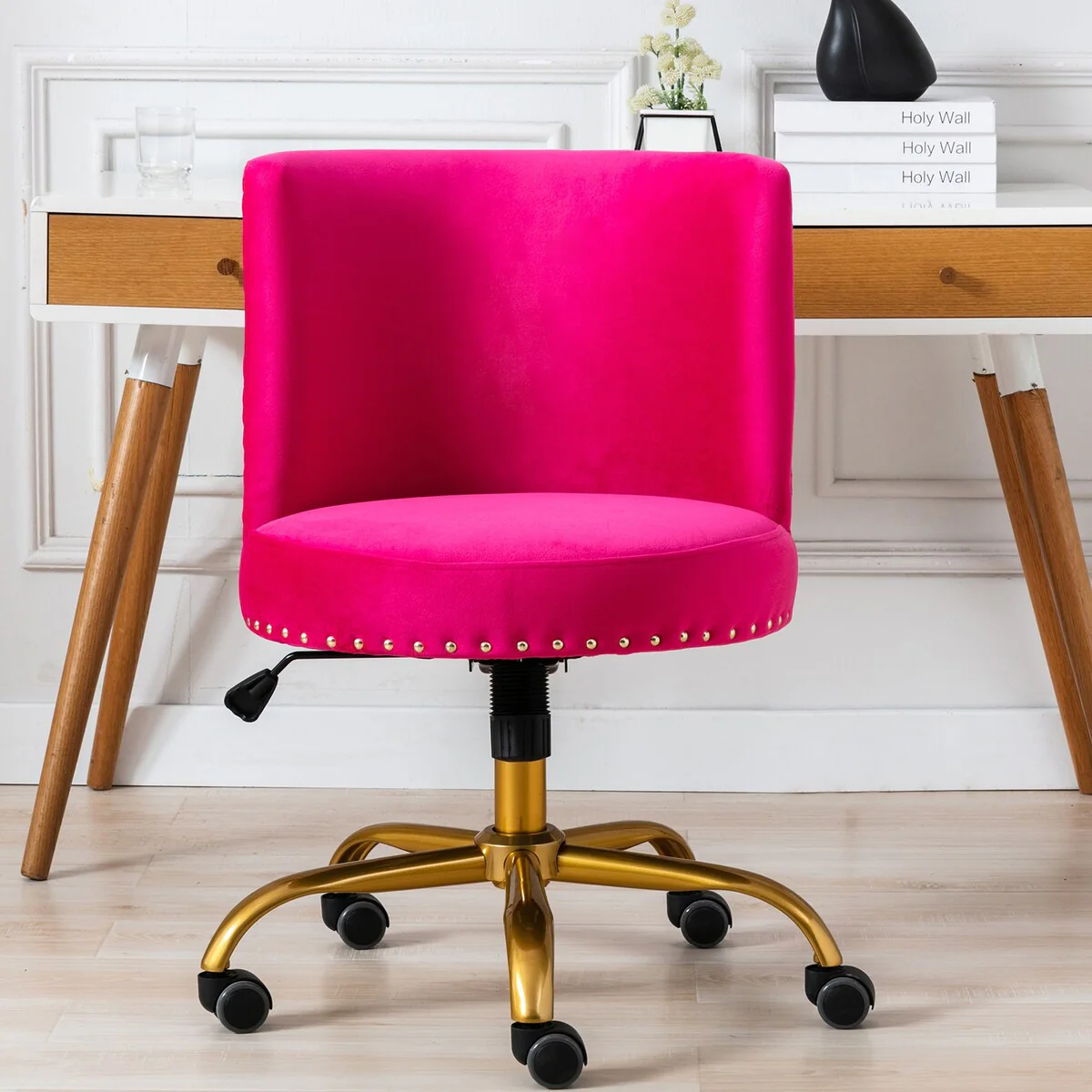 Modern Luxury Style Swivel & Adjustable Velvet Accent Chair with Nailhead Trim and Gold Finish Metal Five-Pronged Base