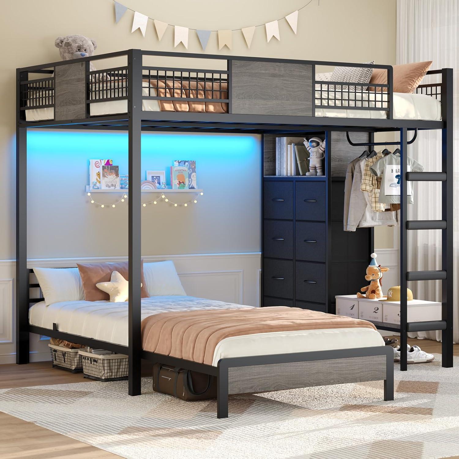 ADORNEVE Bunk Bed Twin Over Twin Size with 8 Storage Drawers, Twin Bunk Beds with Led Lights & Storage Shelves, Metal Loft Bed with 13.4 H Safety Guardrail & Ladder, for Kids & Teens, Black
