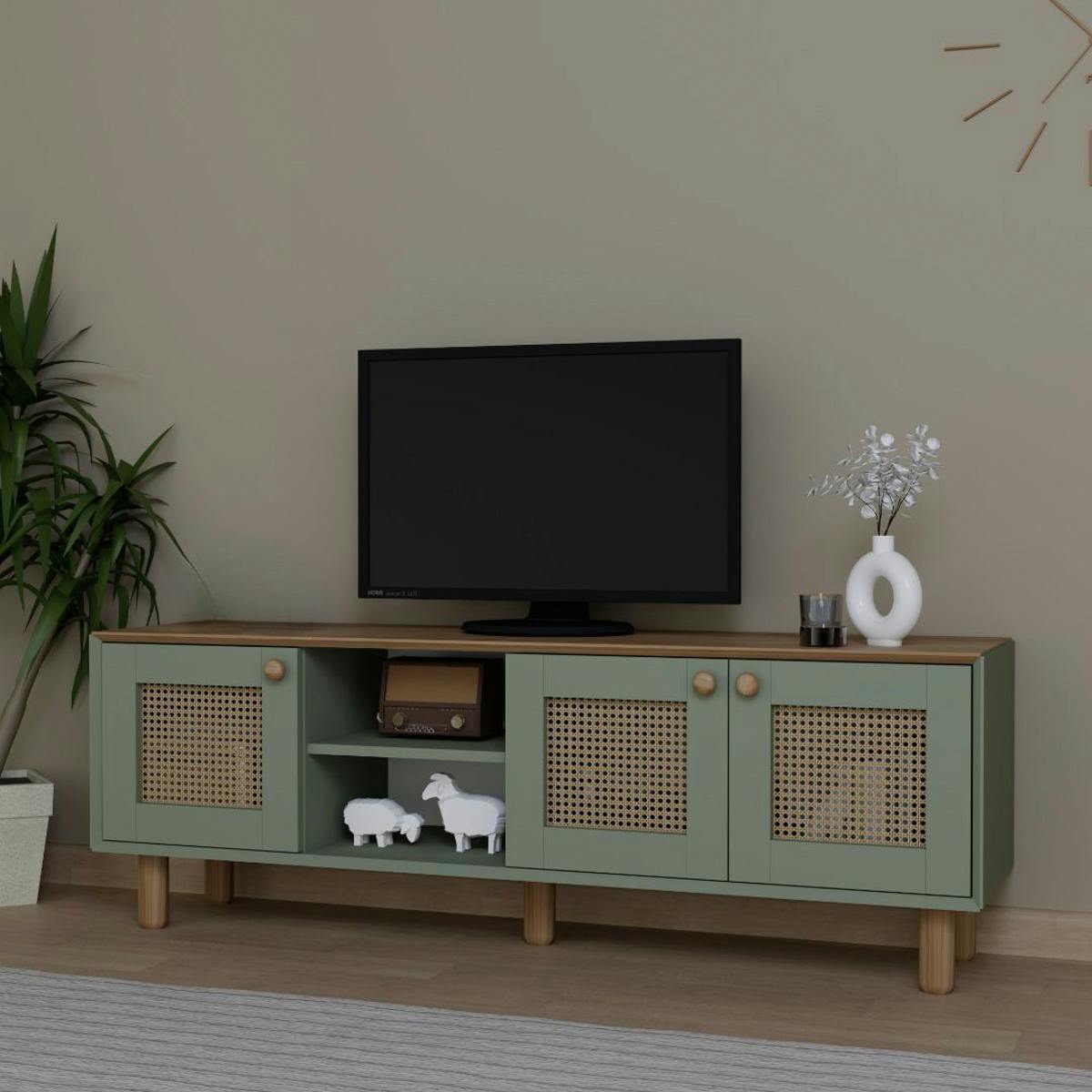 Meuble TV cannage, 3 portes sauge plateau effet chêne VAREN