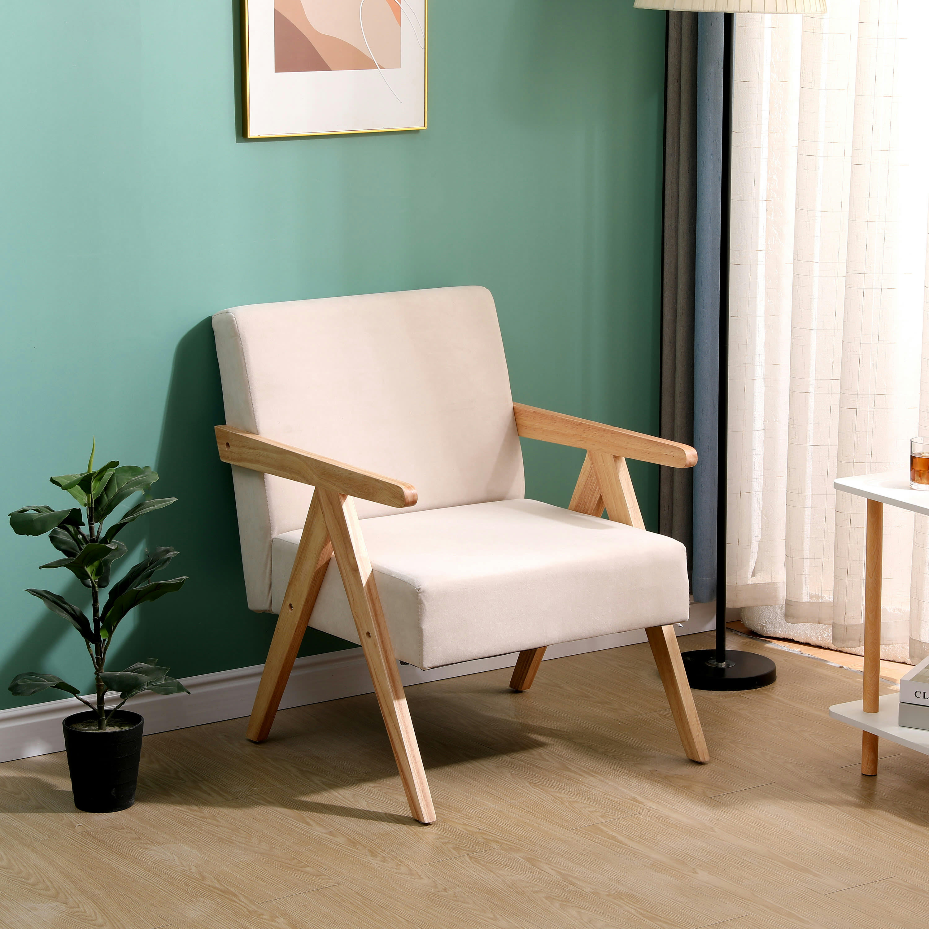 - Fauteuil de salon en bois massif et tissu beige
