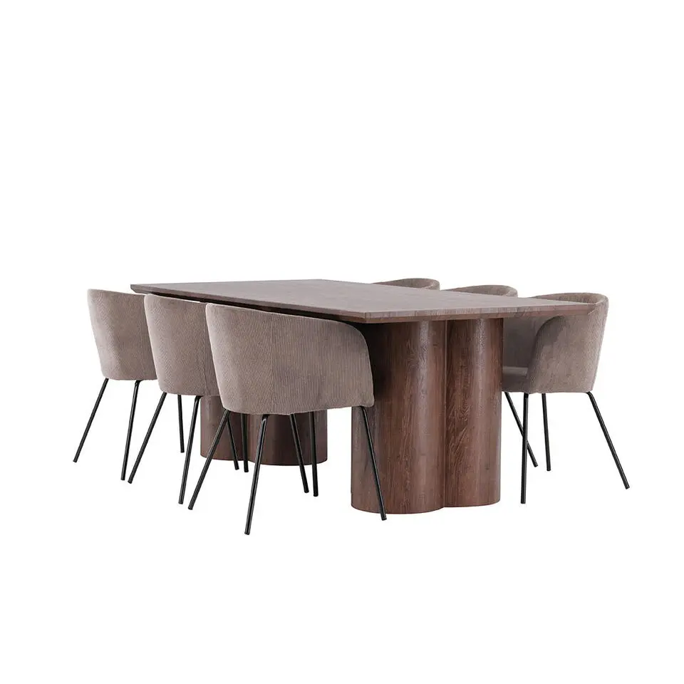 Hioshop Olivia eethoek tafel 100x210cm en 6 fluwelen stoelen met armleuningen