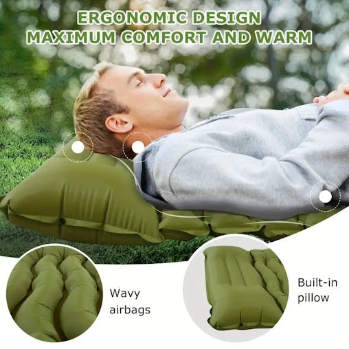 NNETM Ultimate Green Comfort Outdoor Inflatable Camping Mattress with Built-in Pillow