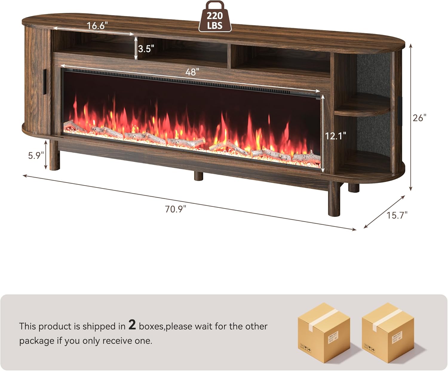 70 Farmhouse TV Stand with 50 Fireplace for TVs up to 85 80 75 70 65, Media Entertainment Center with Large Storage Cabinet,Sliding Doors for Living Room, Walnut