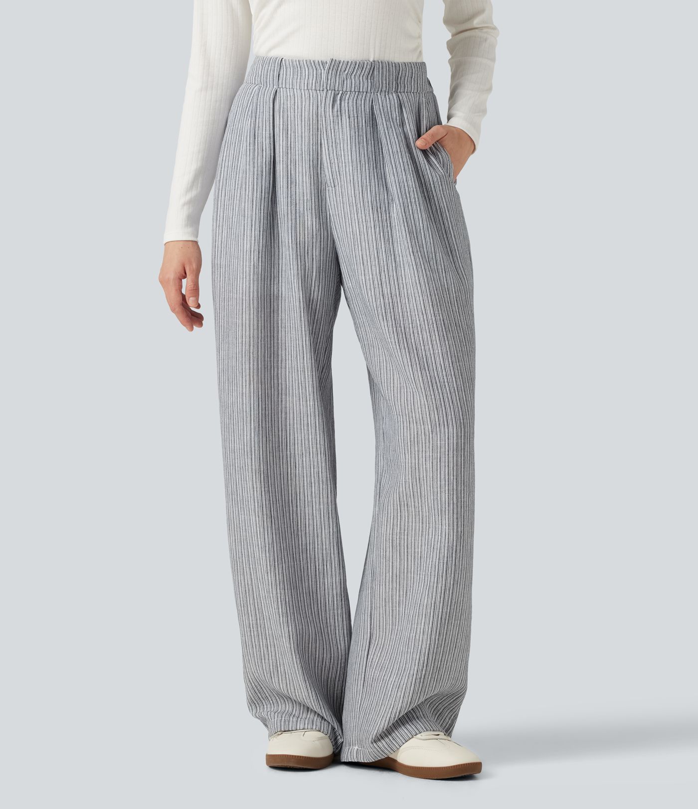 Pantalon effet lin rayé taille haute baggy avec poches