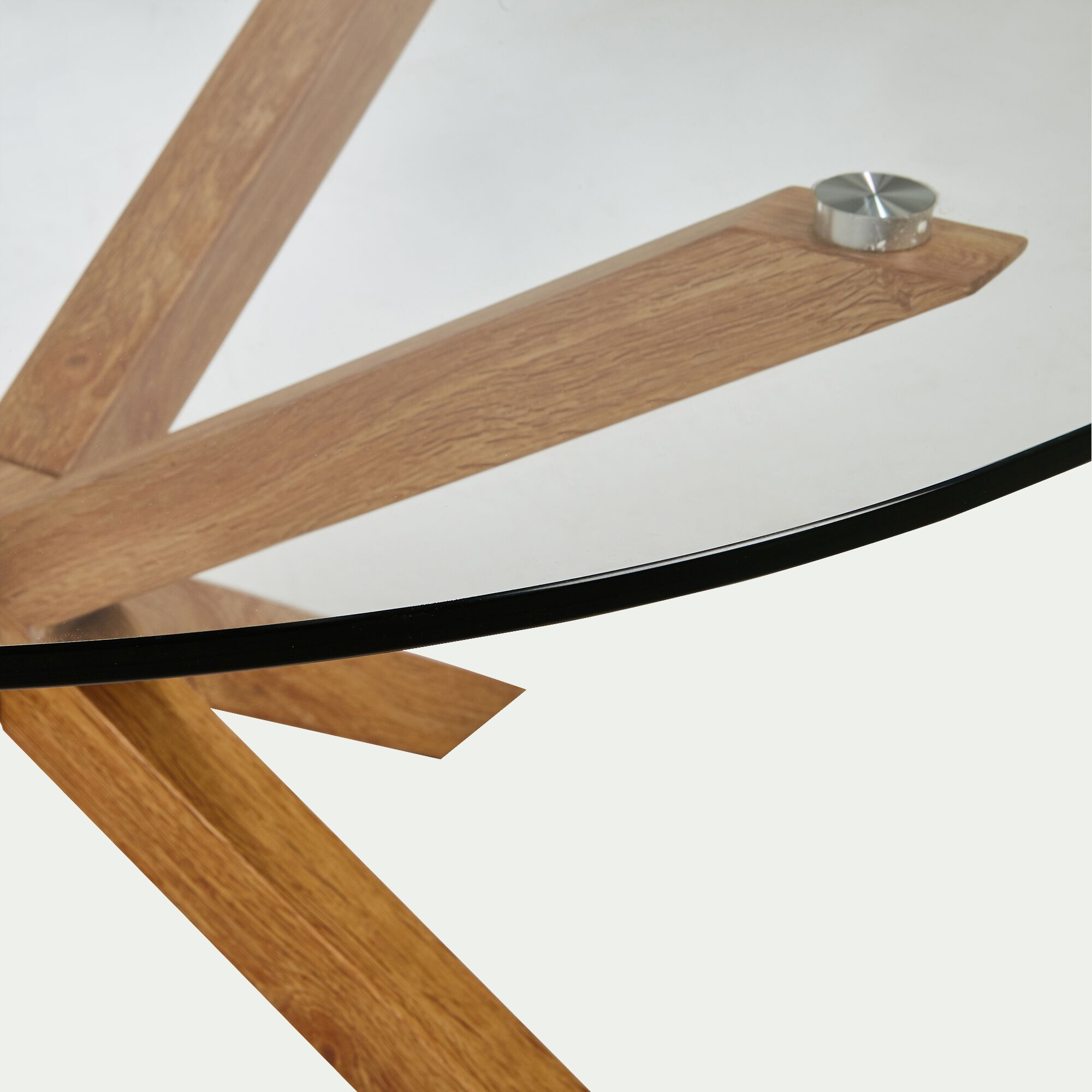 ARENO - Table basse ronde en verre et piétement métal effet bois - transparent