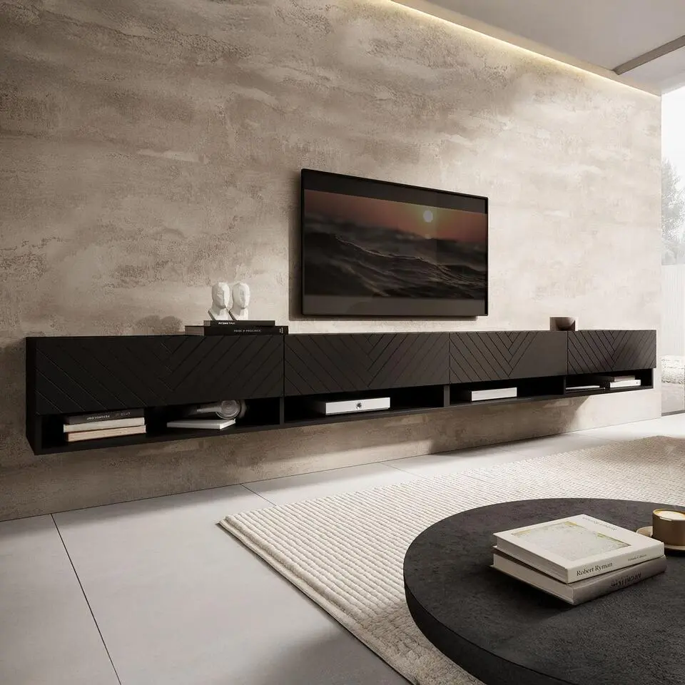 Meubella - TV-Meubel Asino - Zwart Visgraat - 280 cm