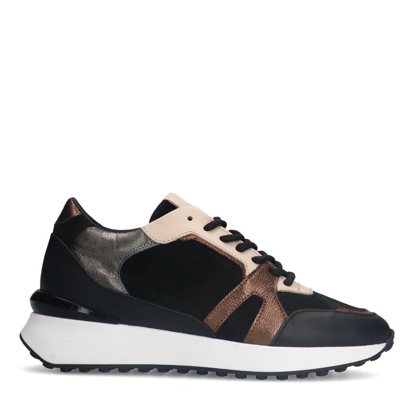 Manfield Zwarte leren sneakers met bronze details