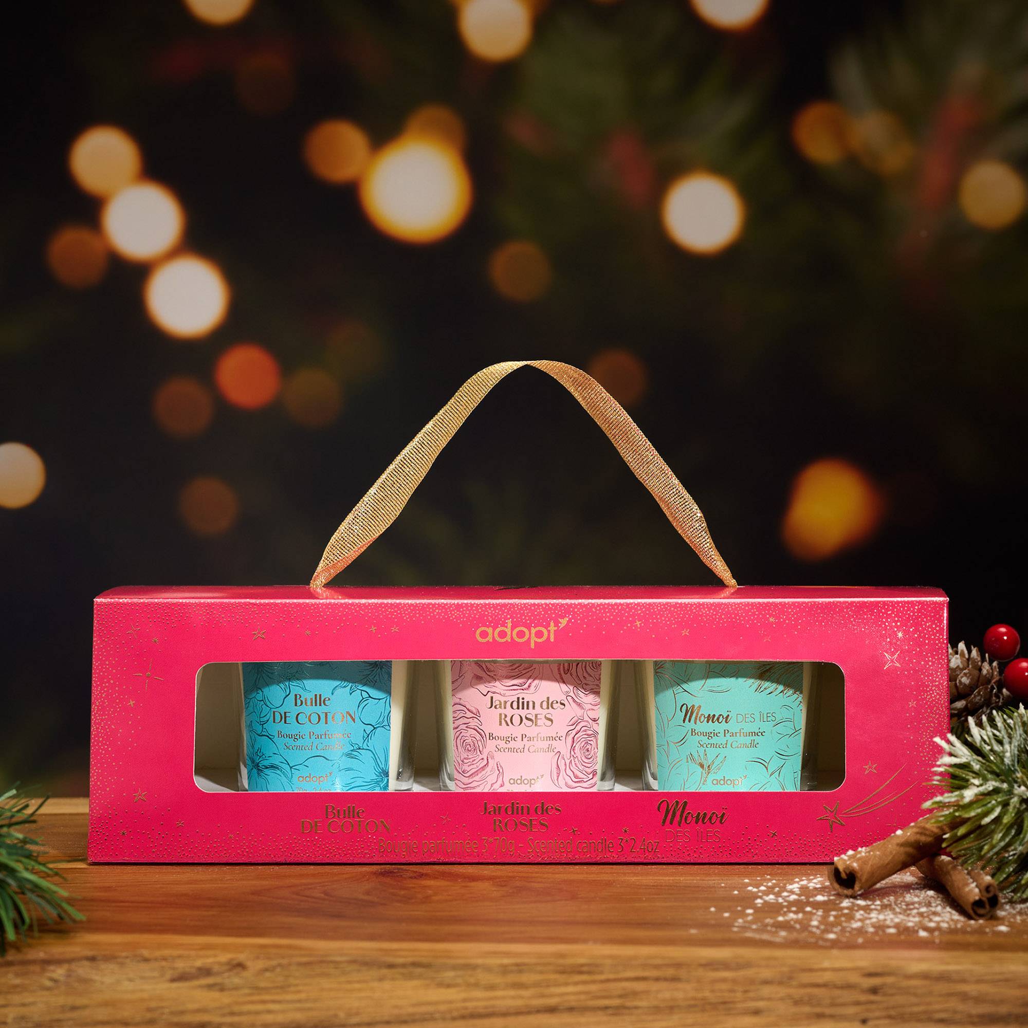 Coffret Mini Bougies Best SellersCoffret 3 bougies Voile de coton 70g   Jardin des roses 70g   Monoï des îles 70g