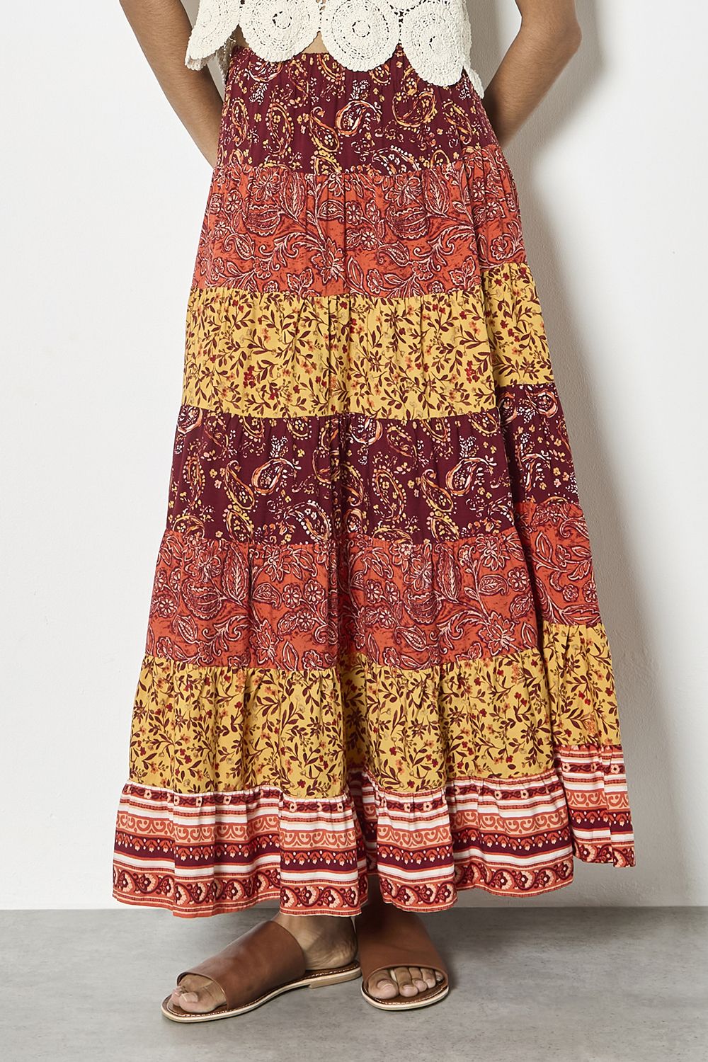 Apricot Patchwork Print Tiered Maxi Skirt