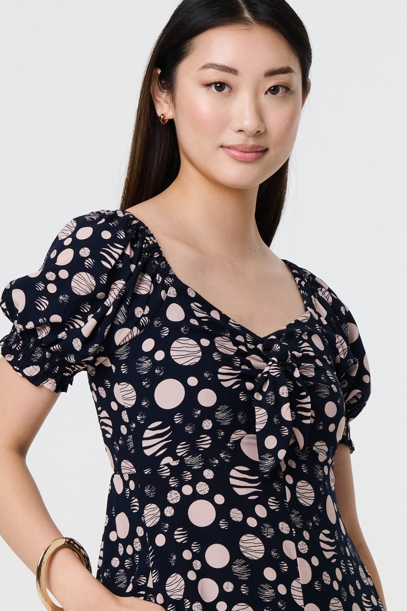 Izabel London Polka Dot Print Tie Neck Midi Dress