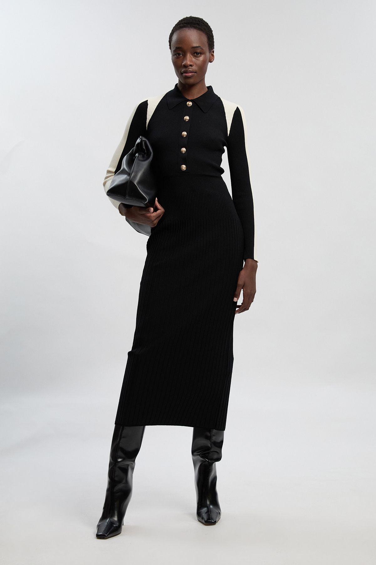 KarenMillen Rib Knit Military Colour Block Midi Dress