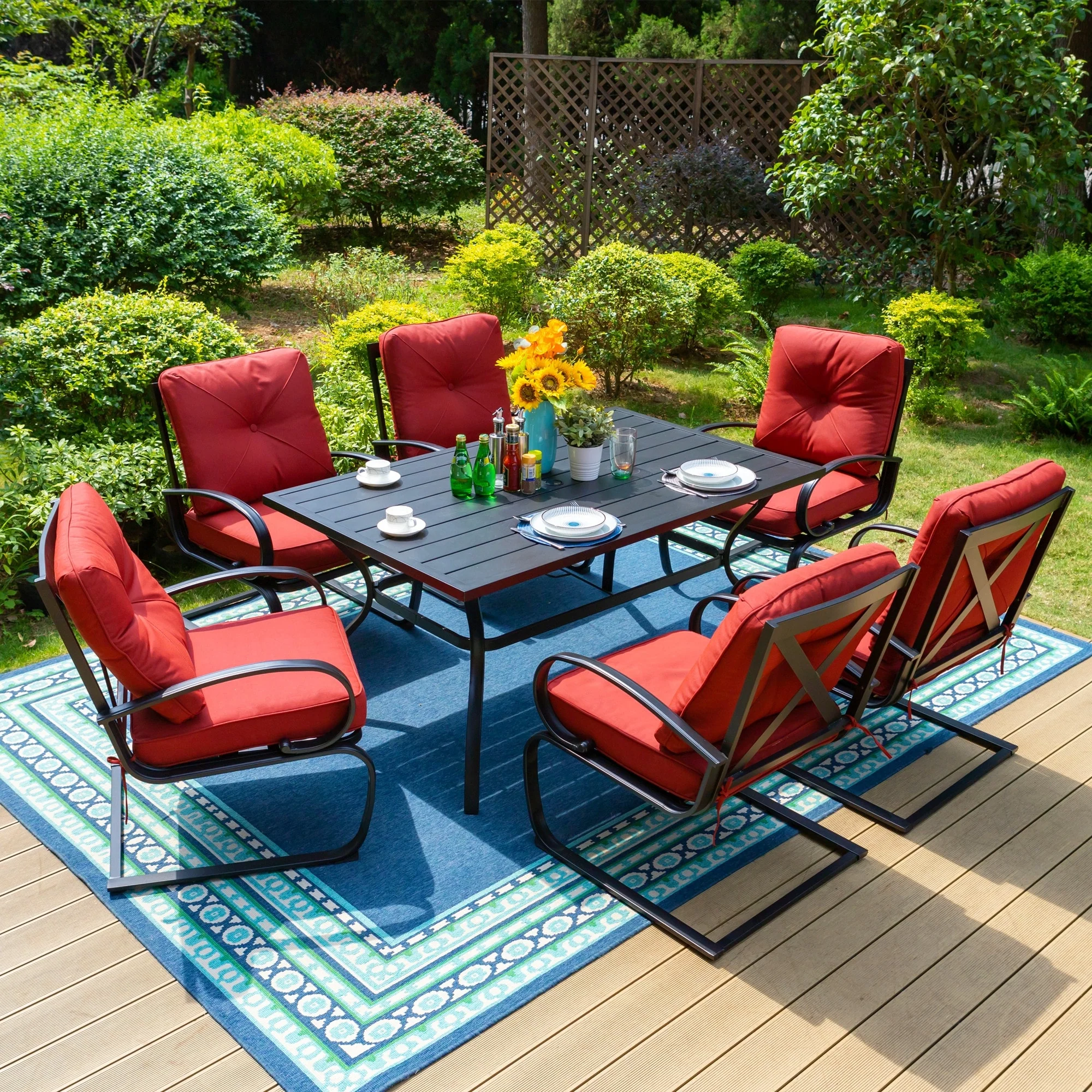 Metal Outdoor Patio Dining Sets 7 Pieces, 6 Spring Motion Chairs with Cushions and 1 Rectangular Metal Table