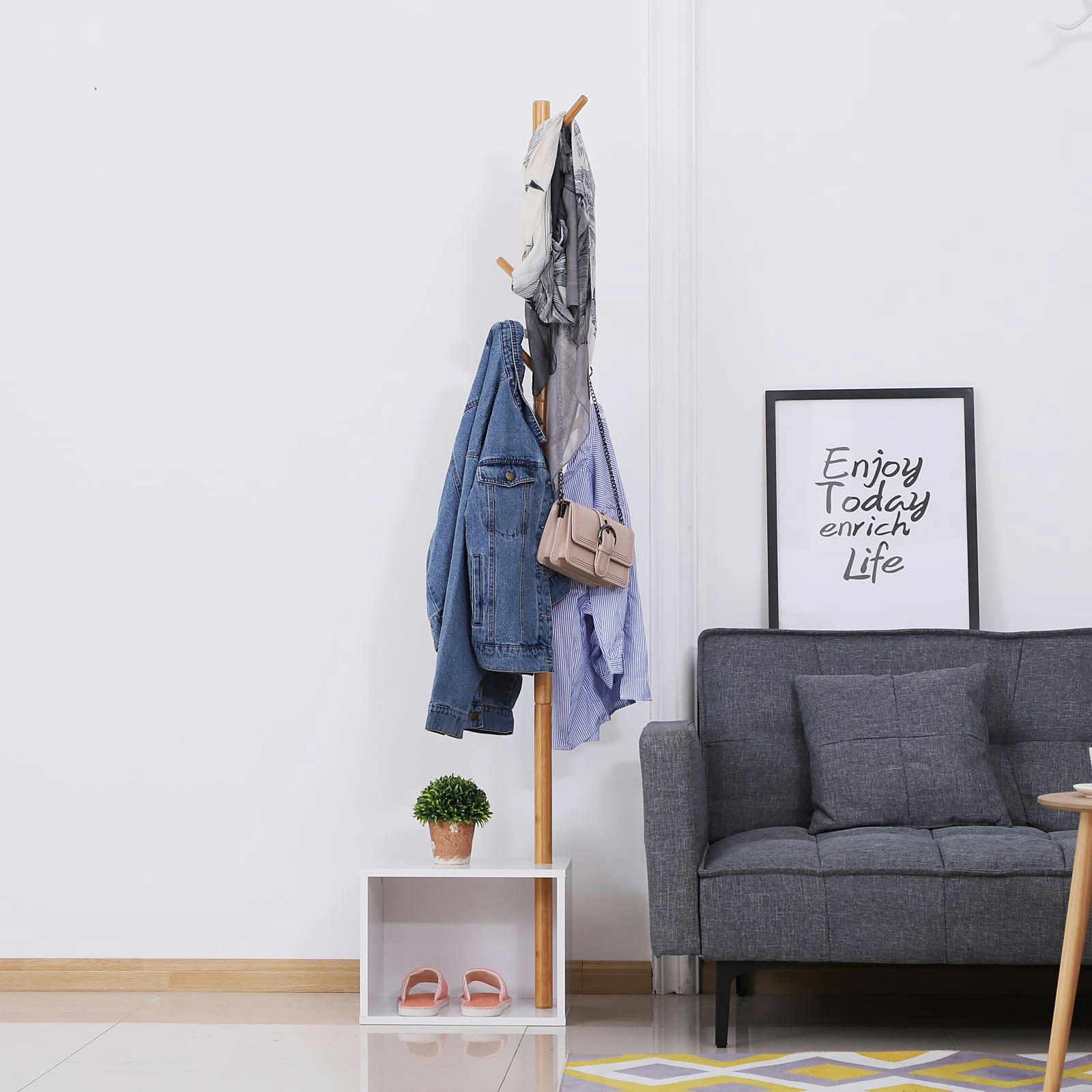 - Meuble rangement porte-manteaux 2 en 1 blanc bois bambou