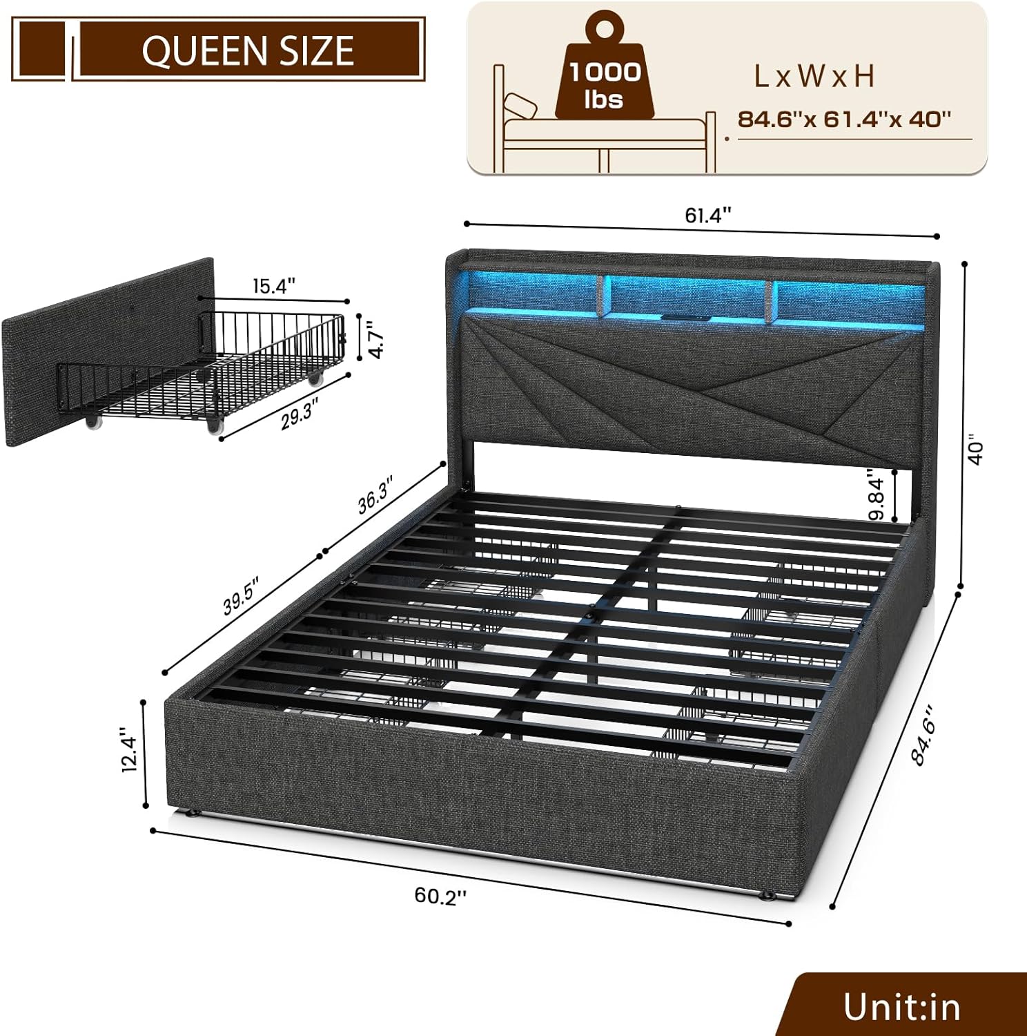 Queen Bed Frame with 4 Storage Drawers, Upholstered Bed Frame Queen Size with LED Lights Headboard and Charging Station, No Box Spring Needed, Easy Assembly - Dark Grey