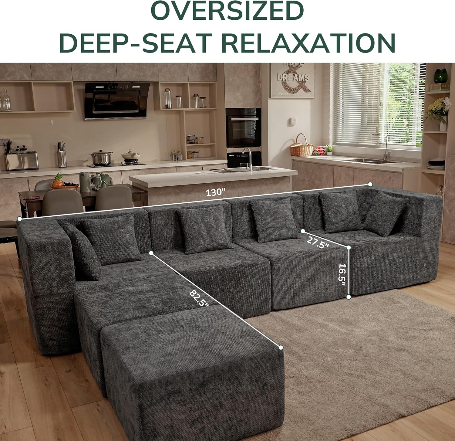 Modular Sectional Cloud Couch for Living Room - 130'' 6 Seater Convertible Chenille Couches Set with Ottoman, No Assembly Compression Sofas, Comfy Floor Sofa with Memory Foam, Dark Grey