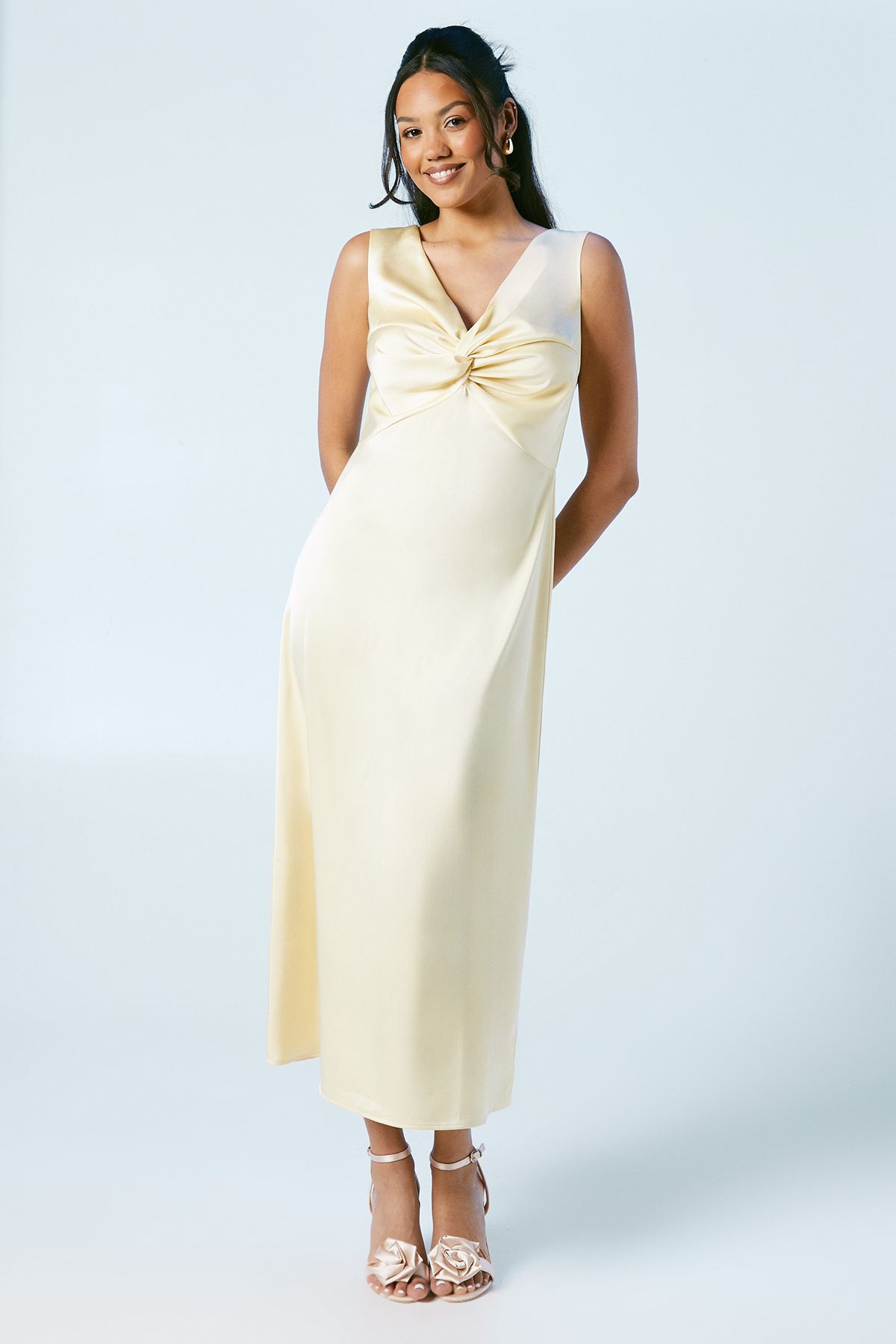 Oasis Twist V Neck Tie Back Satin Bridesmaid Midi Dress