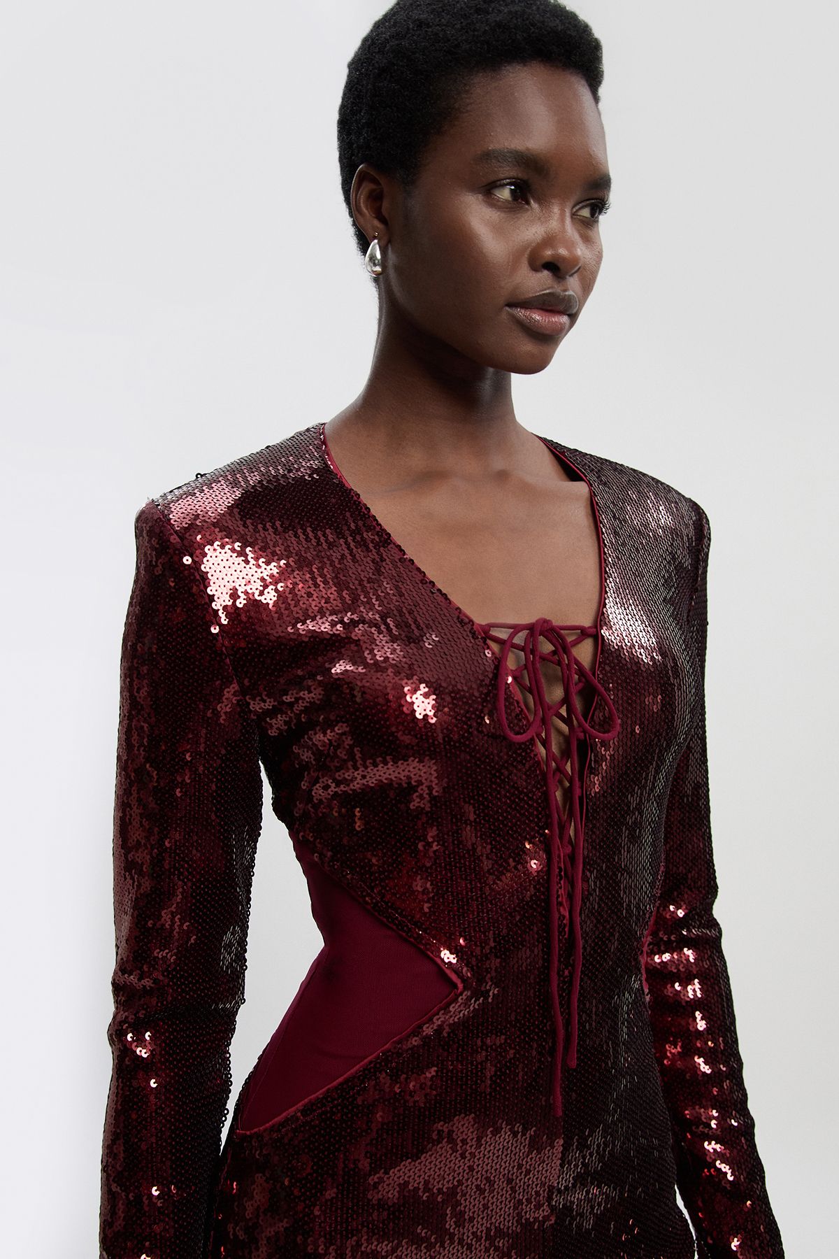 KarenMillen Tall Sequin Power Mesh Lace Up Mini Dress