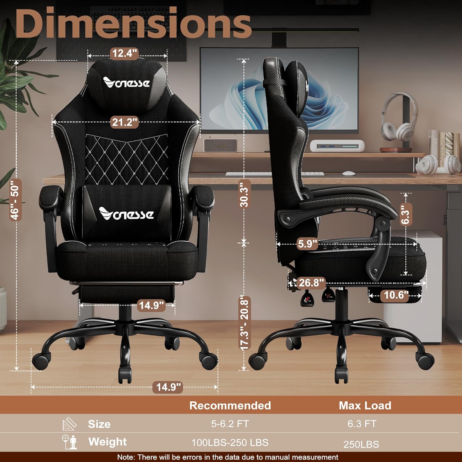 Vonesse Office Chair, Desk Chair with Linen Breathable Mesh Fabric, Gaming Chair with Lumbar Support and Massage, Executive Computer Chairs with Footrest and Headrest (Black)