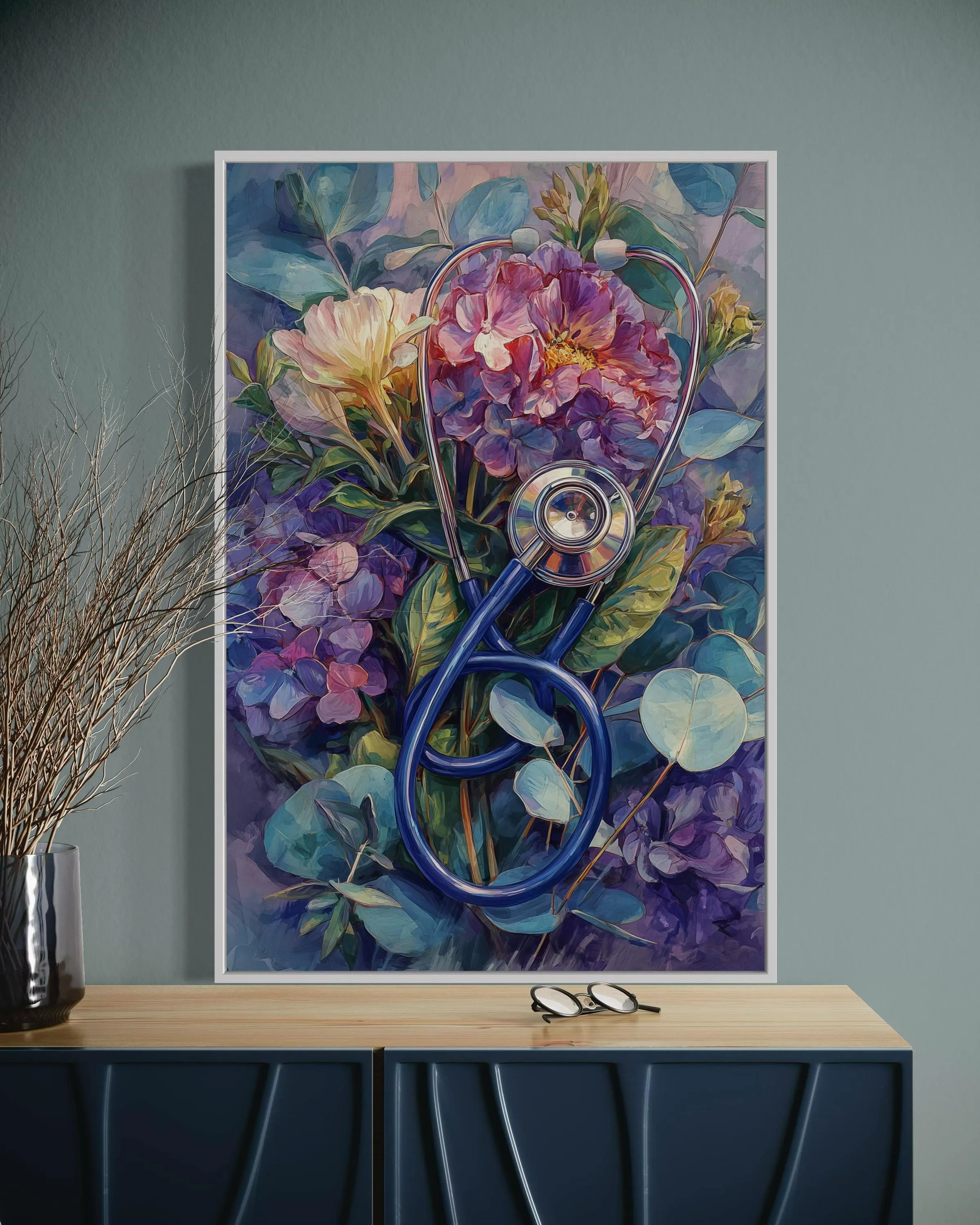 Floral Stethoscope Wall Art Print – Nurse Gift, Doctor Office Decor, Medical Canvas for Healthcare Professionals