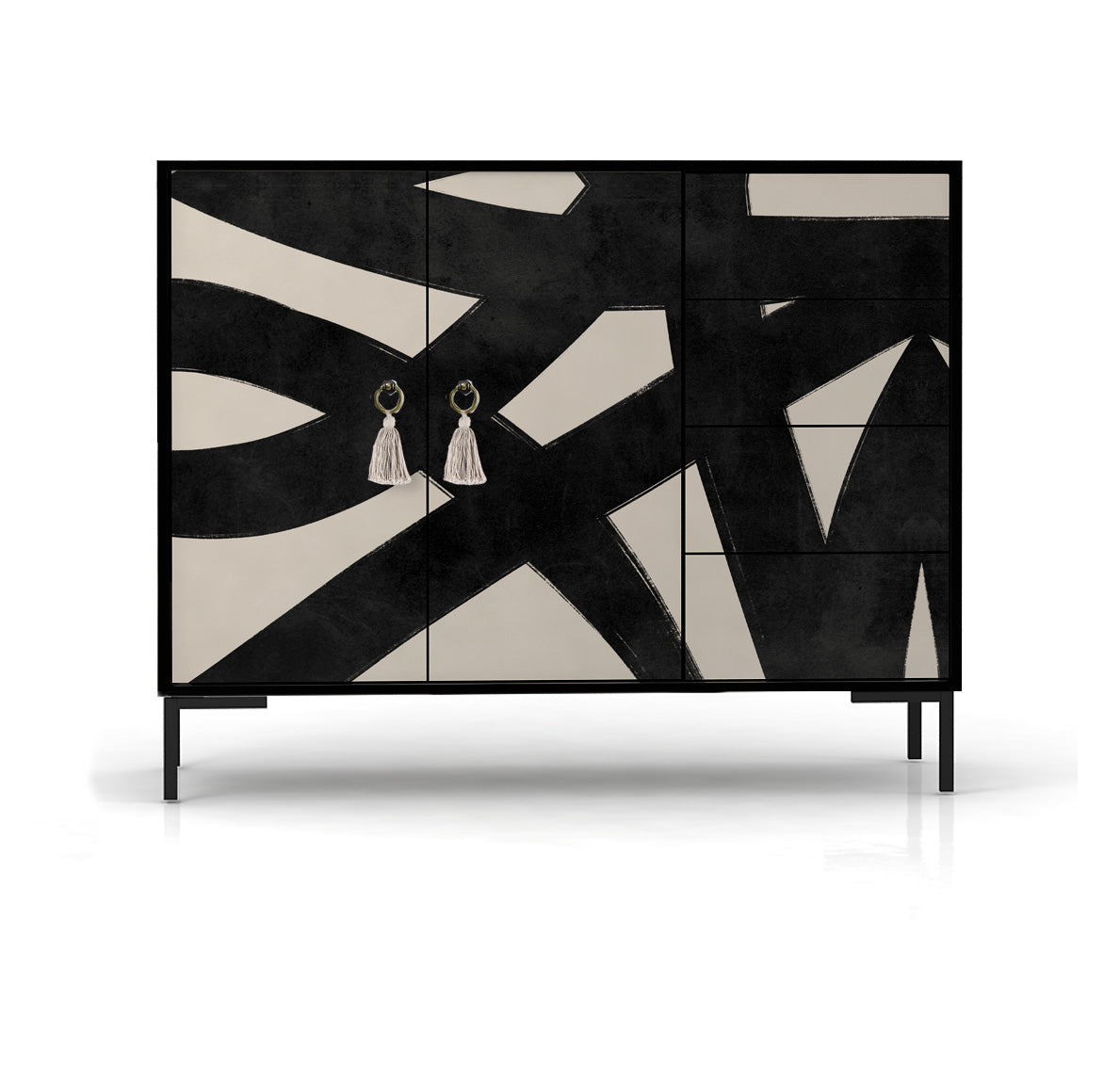 Laag dressoir met 2 deuren en 4 laden van MDF met Abstracte lijnen patroon