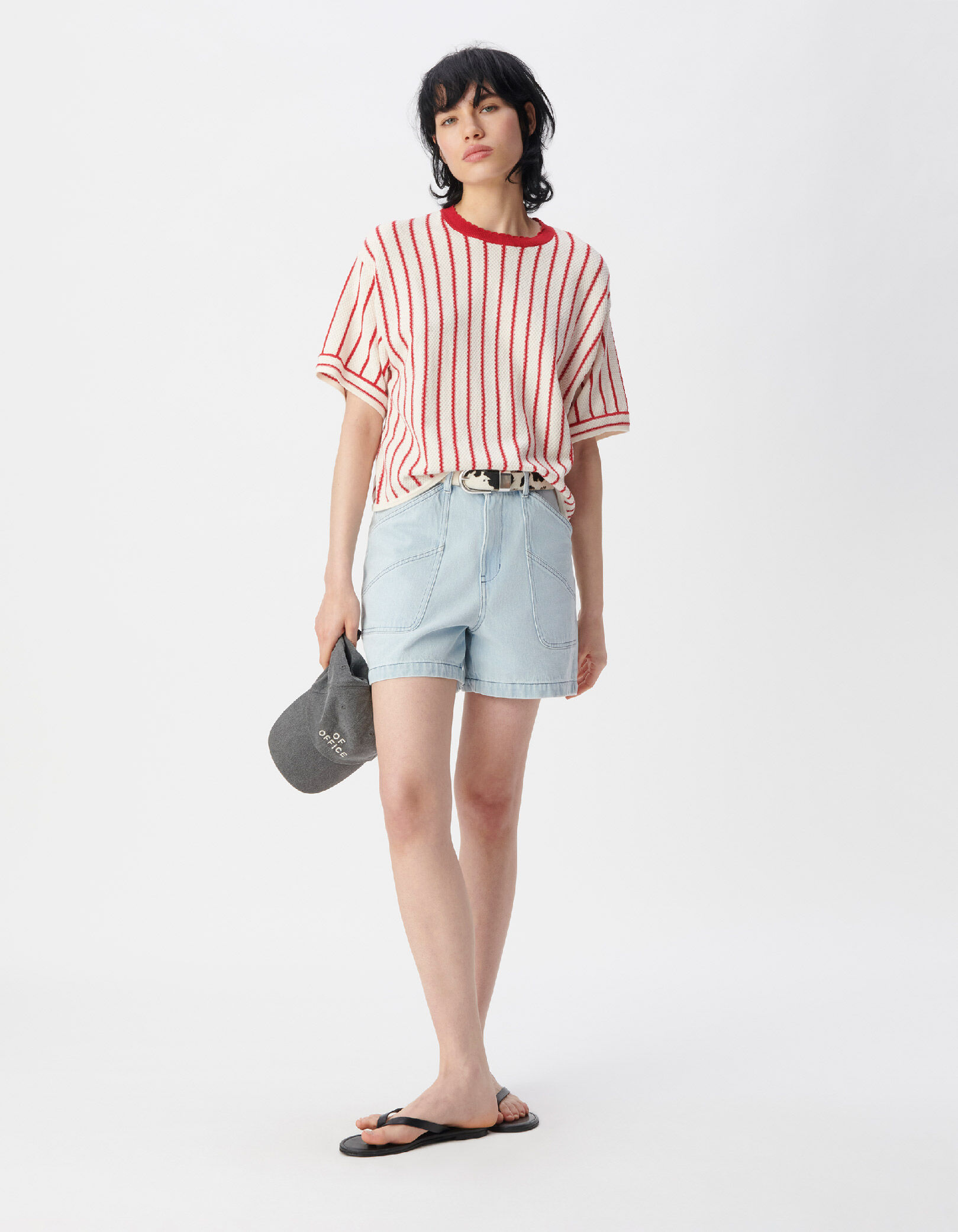 Tee-shirt blanc tricot coton bio rayures rouges Femme