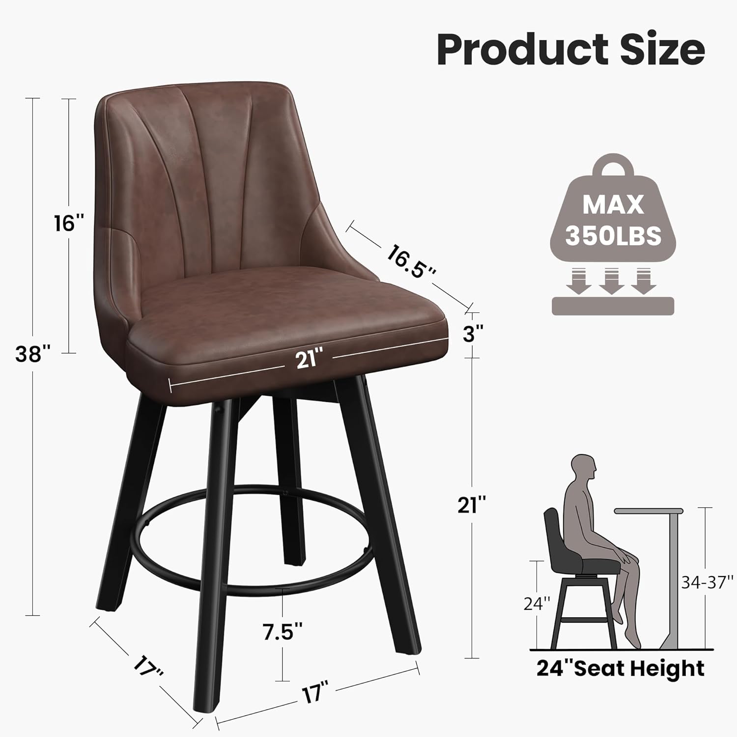 Counter Height Swivel Bar Stool, 24 Upholstered PU Leather Barstools Set of 4, Counter Stool Chair with Back & Solid Wood Legs for Kitchen Island Dining Room (Brown)