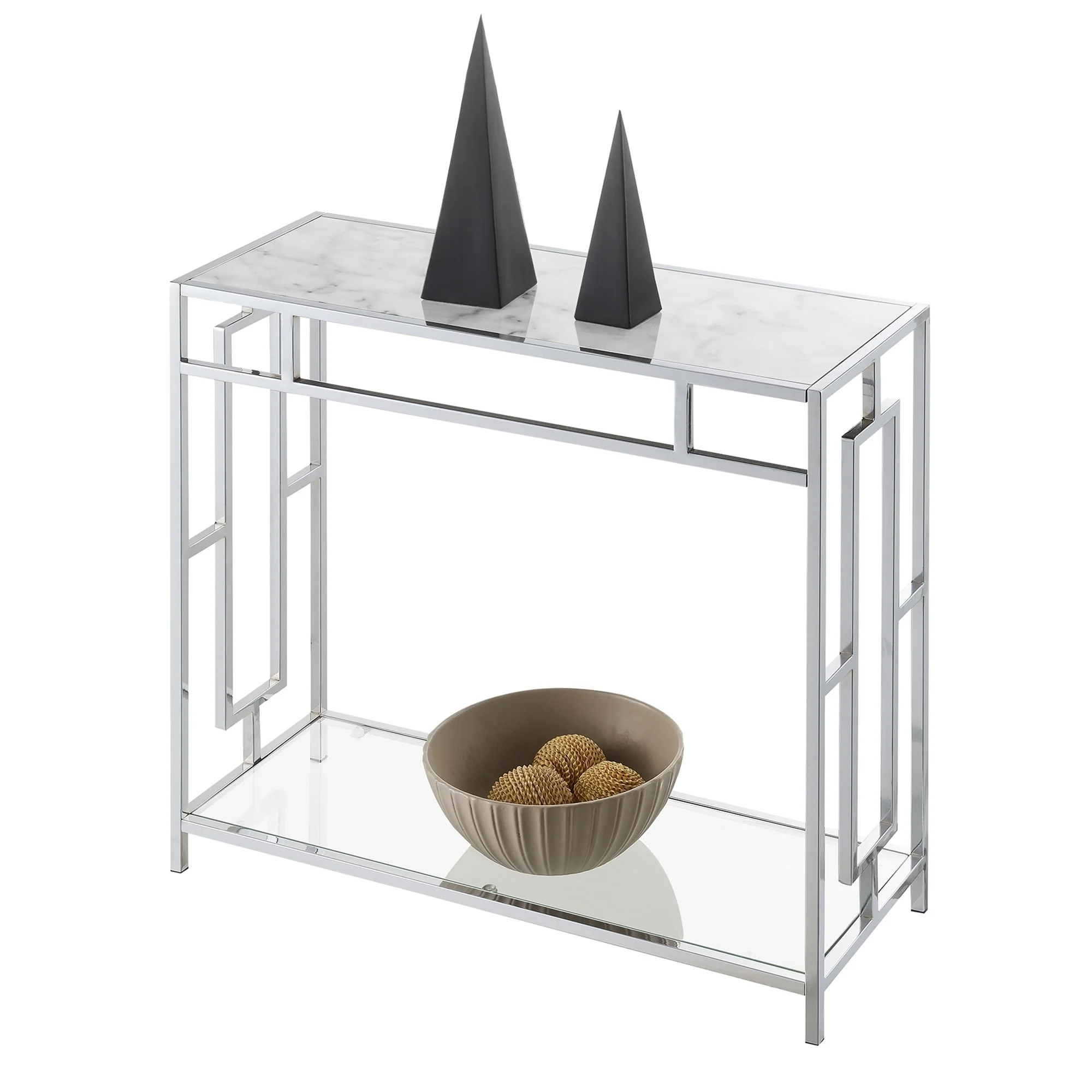 Convenience Concepts Town Square Chrome Faux Marble Glass Hall Table with Shelf