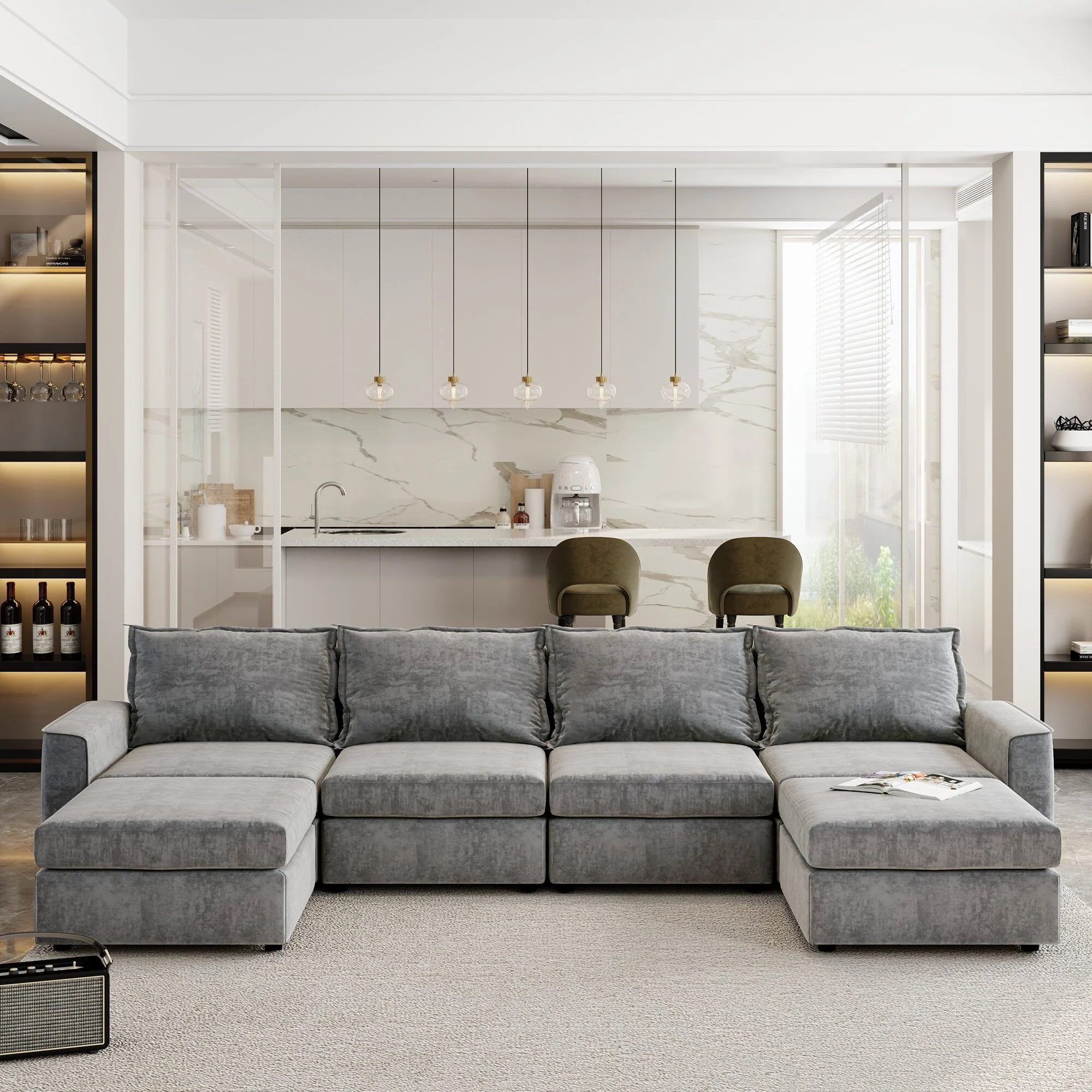 Grey 115'' Convertible U-Shaped 6-Seat Modular Sectional Sofa with Ottoman, Customizable Fabric, and Tilting Armrests