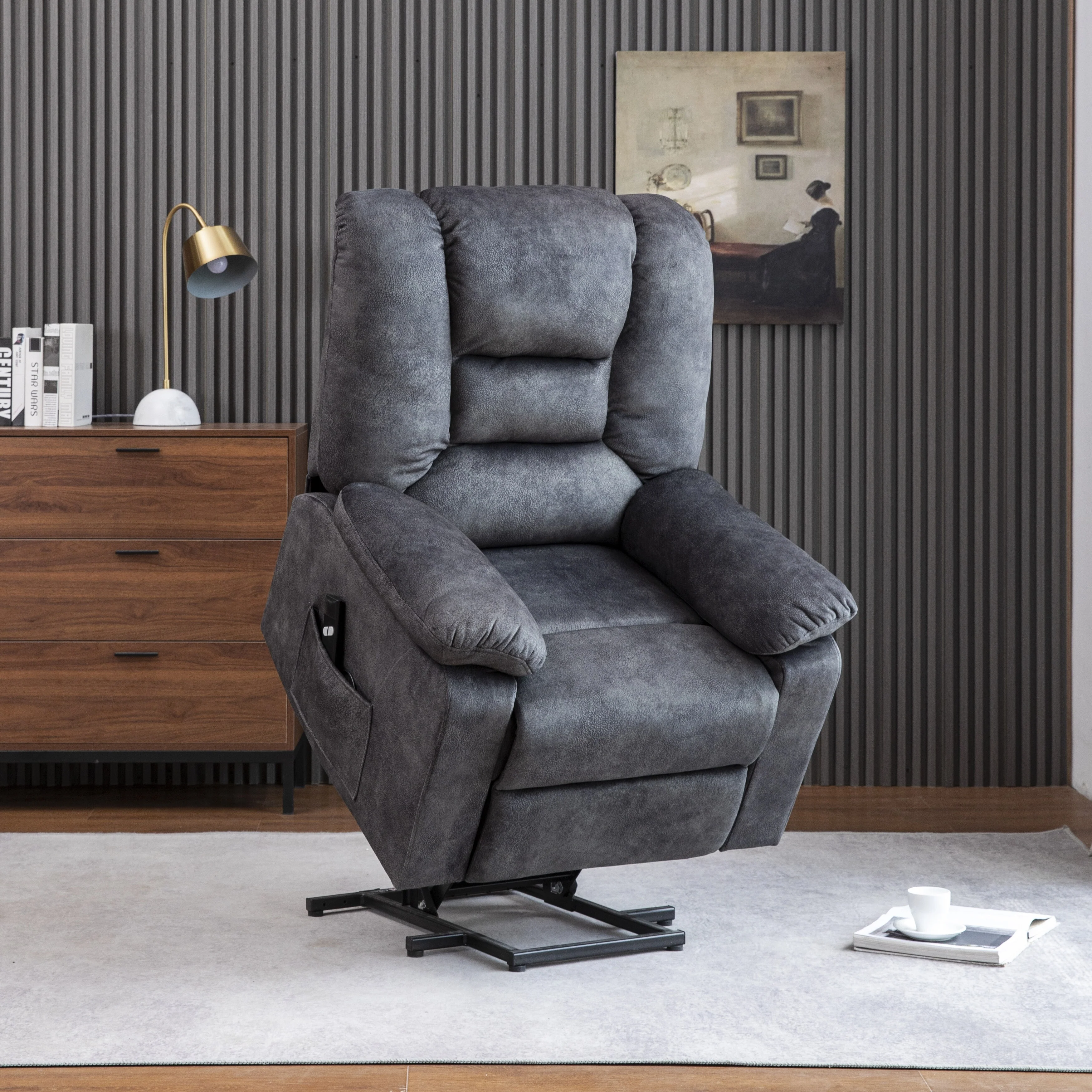 Gray Velvet Upholstered Power Lift Recliner for Elderly with Massage, Lumbar Heating, Side Storage Pockets