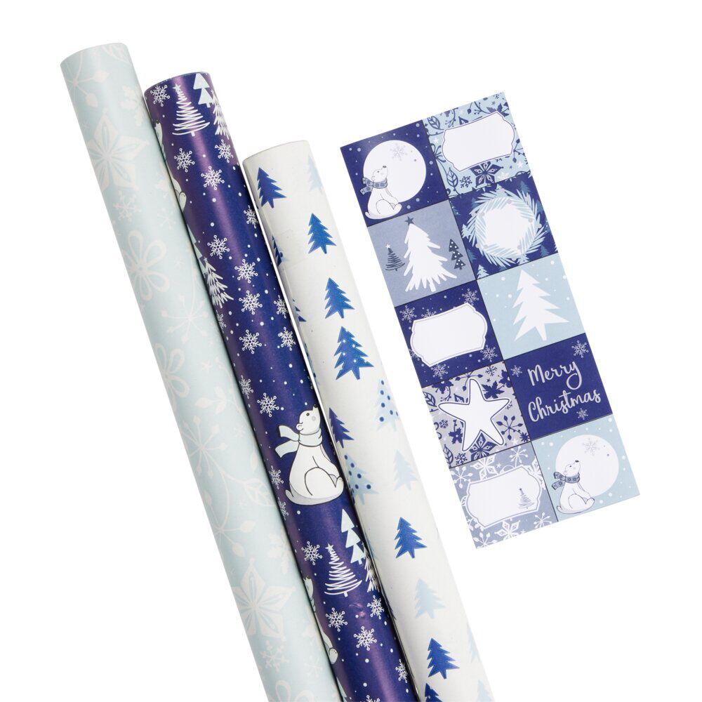 Papier cadeau No&euml;l rouleau x3 avec 20 étiquettes autocollantes boréal