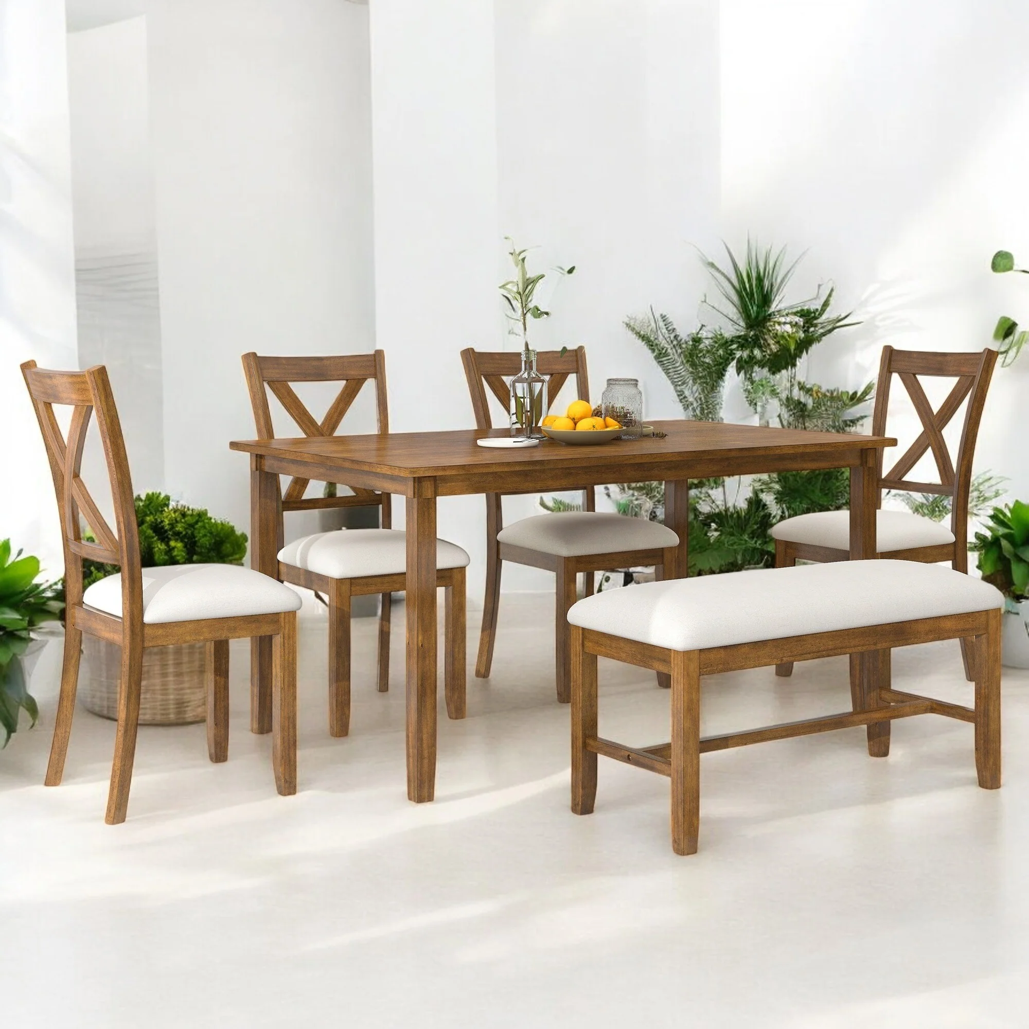 6-Piece Rectangular Dining Table Set with 4 Upholstered Chairs and Bench, Wood Kitchen Table for Family Dining Room