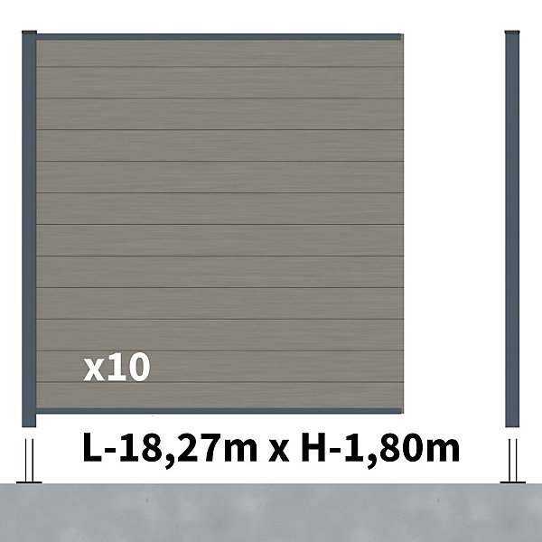 Kit Clôture Composite RIO Platines 18x1,8m - Bois composite &Aluminium - Poteaux sur Platines Gris - Brise vue - Palissade