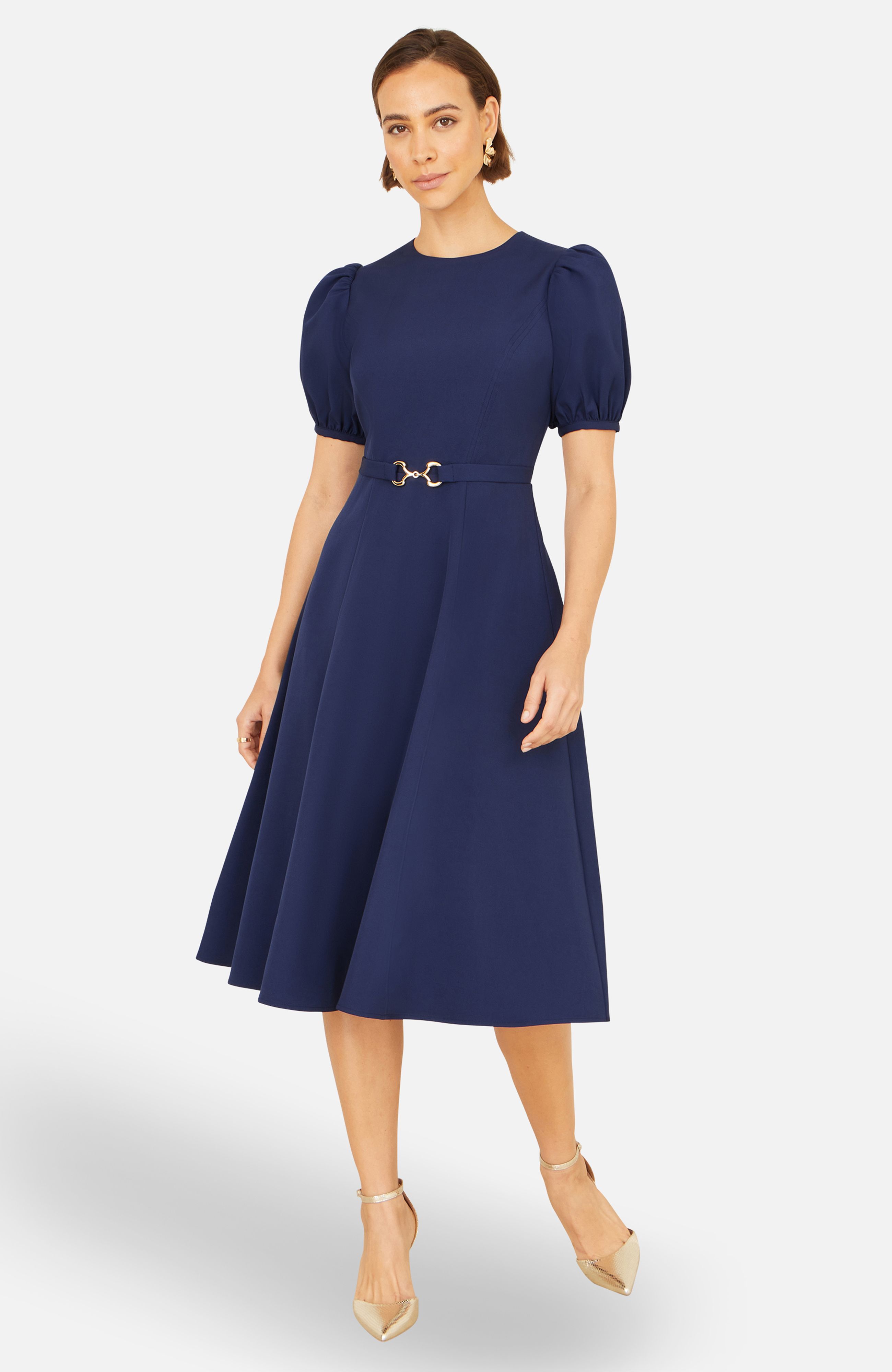 Yumi Skater Dress With Puff Sleeves And Buckle Detail