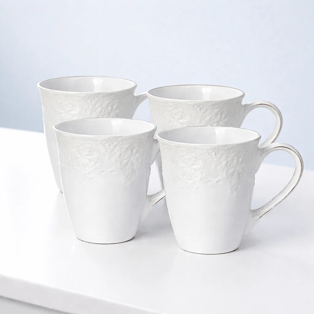 French Lace Set of 4 White Mugs