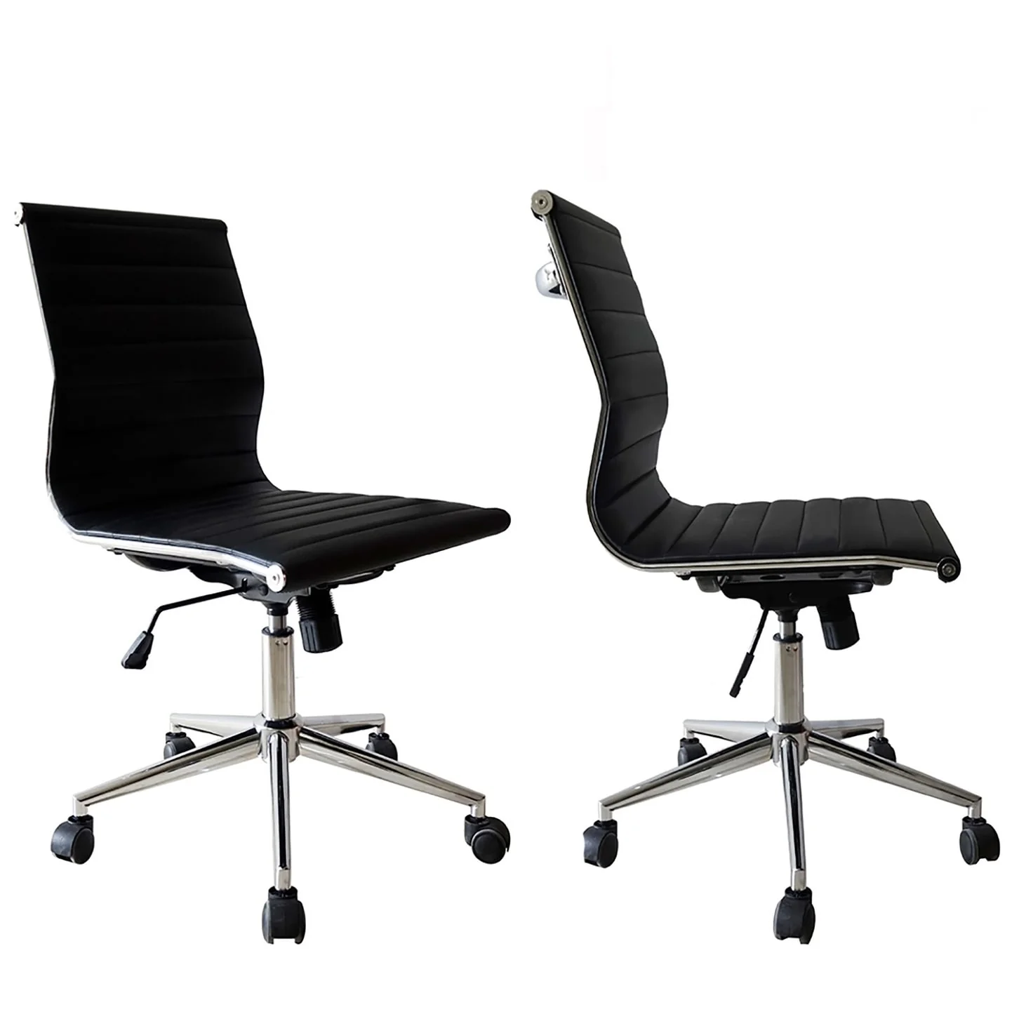 Set of 2 Modern Office Chairs | Upholstered PU Leather Ribbed Armless Mid Back with Metal Frame | Adjustable Height, Tilt