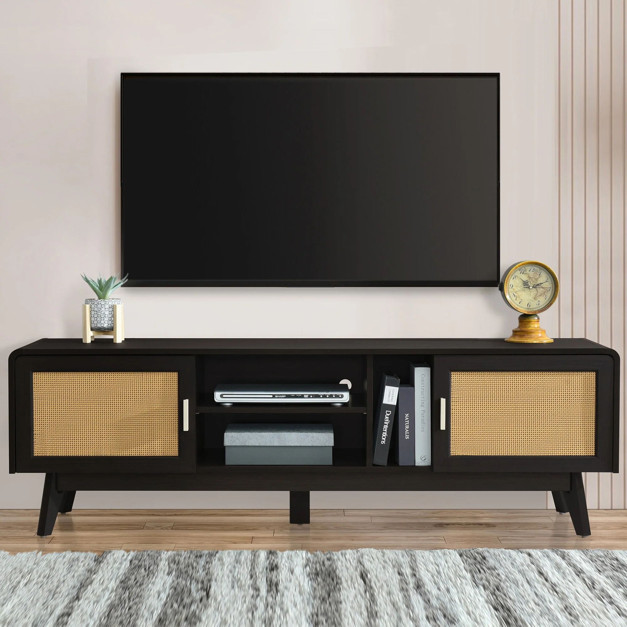 Boho-Inspired 63 TV Stand with Solid Wood Legs and Ample Storage