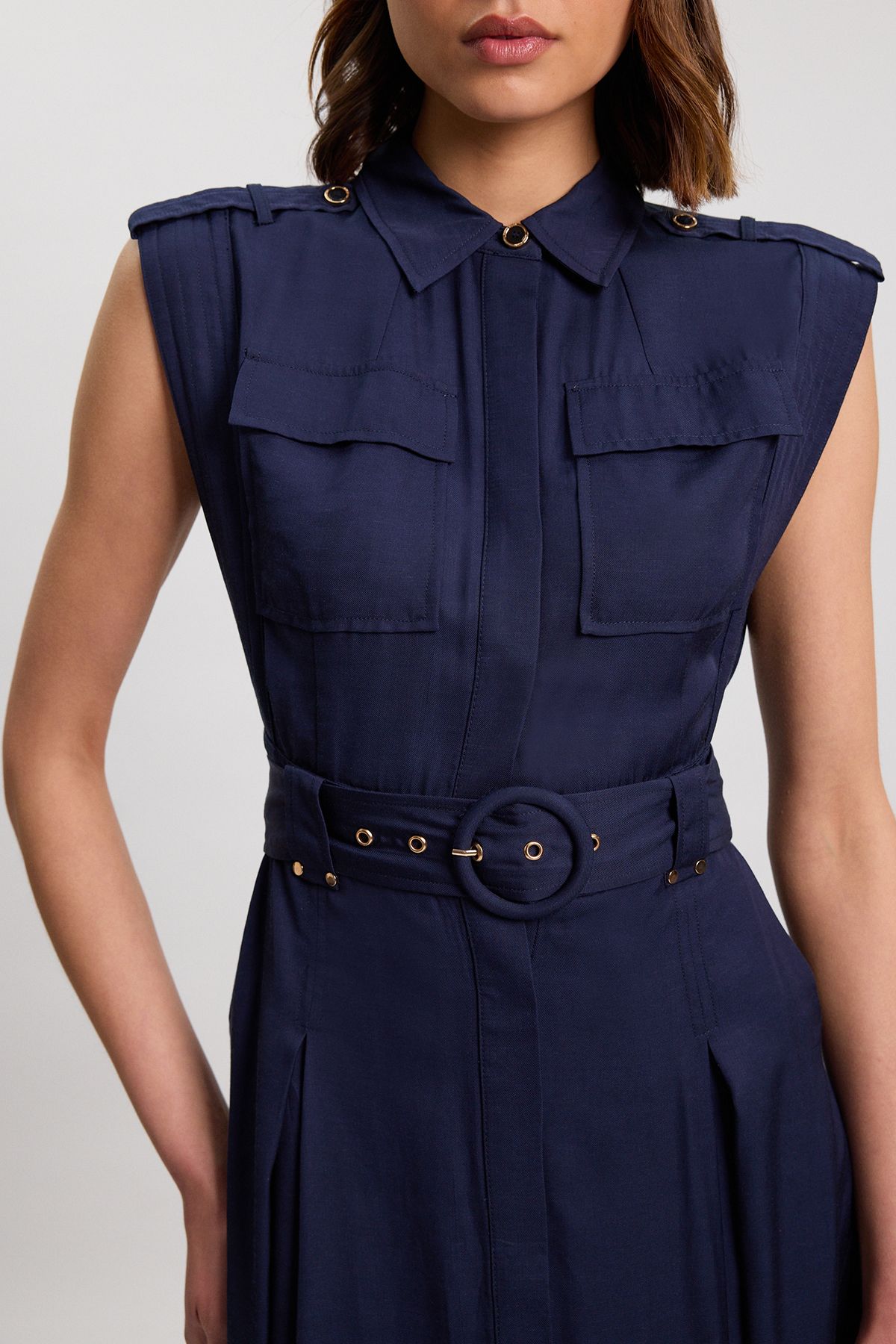 KarenMillen Premium Viscose Linen Belted Woven Midaxi Dress With Gold Hardware Detail