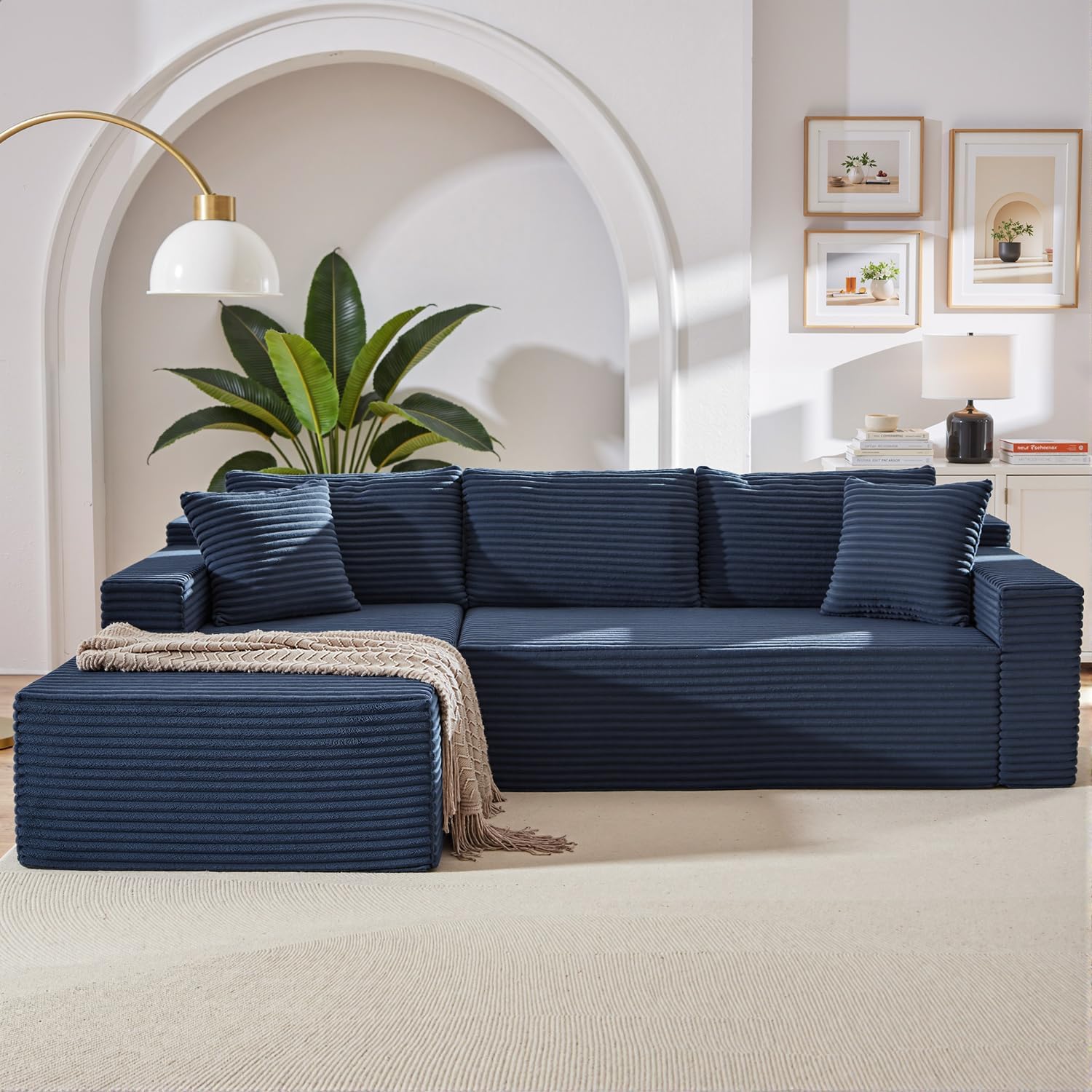 105 Inch Cloud Sectional Couch,Modern Modular Sectional Sofa with Deep Seat,Corduroy Boneless Couches with L-Shape Chaise for Living Room Bedroom,No Assembly Required (Blue, Left Facing Chaise)