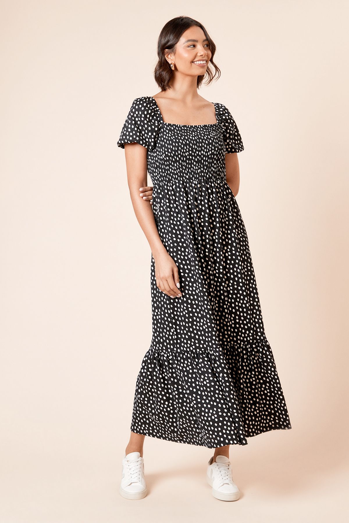 Dorothy Perkins Short Puff Sleeve Spot Shirred Bust Maxi Dress