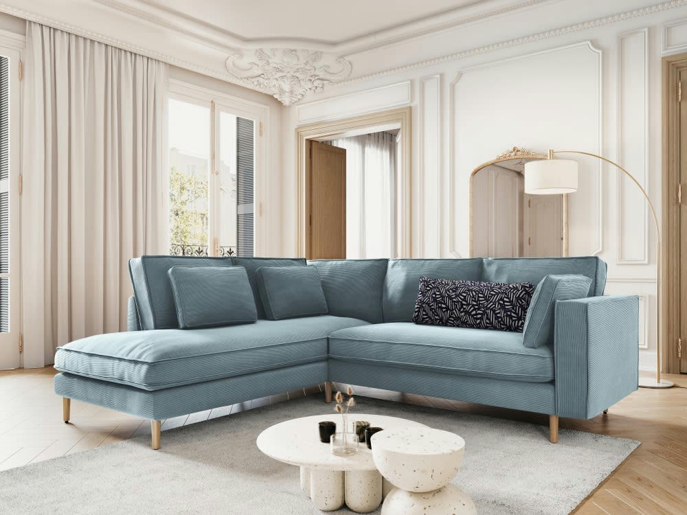 ALEXIS - Canapé d'angle 5 places en tissu structuré bleu clair