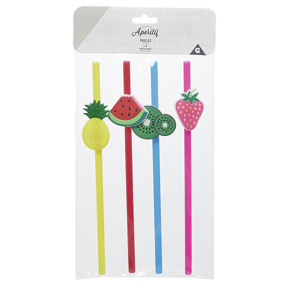 Paille design fruit en plastique réutilisable x4