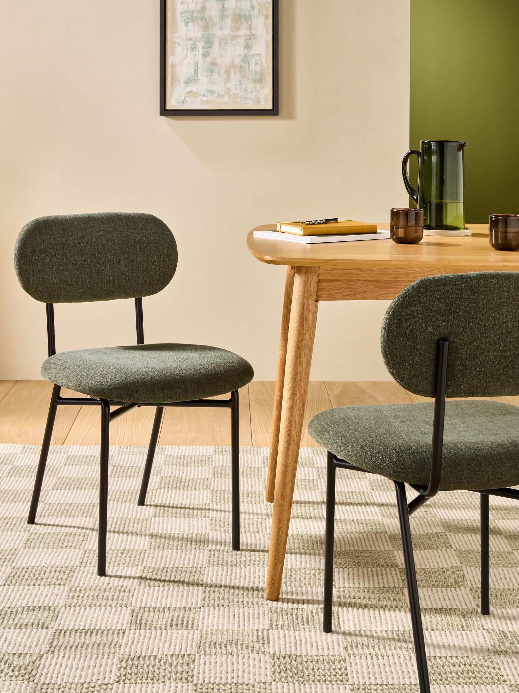 Set of 2 Clemmie Dining Chairs in Hunter Green Soft Weave and Black Legs