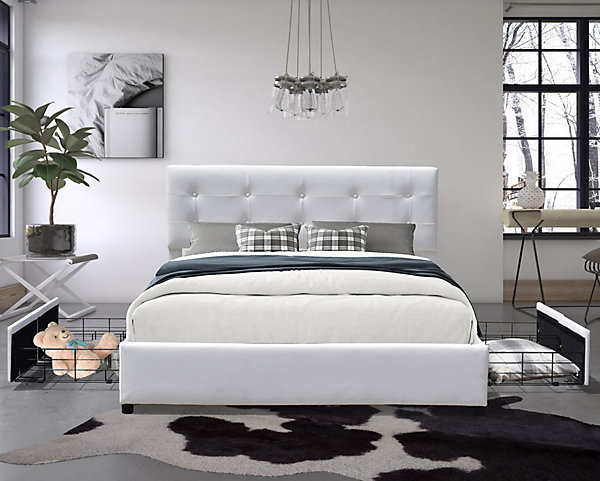Chloe - lit 160x200 solide et confortable avec sommier 4 tiroirs   tete de lit blanche   pieds de 4 cm - design pratique
