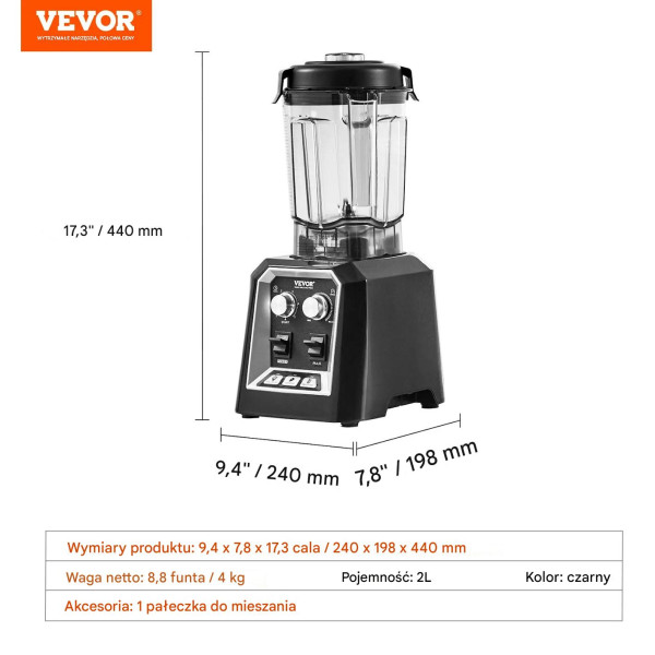 Blender gastronomiczny kielichowy 2l stalowy 3 funkcje smoothie lód