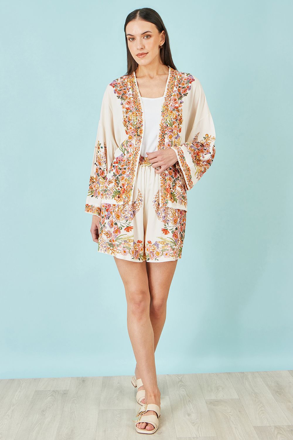 Yumi Ivory Viscose Floral Border Kimono With Tie Belt